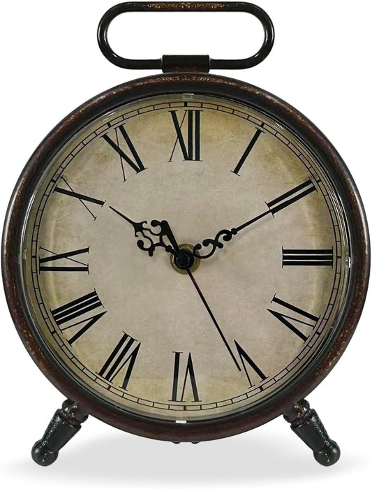 Vintage Desk Clock, 8 Inches Silent Non-Ticking Battery Operated Metal Table Top Clock for Bedroom, Living Room, Office, Shelf Decor (Brown)