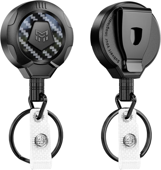 MNGARISTA Upgraded Heavy Duty Retractable Keychain with Belt Clip, 10 OZ Retraction, 31.5" Stainless Steel Cord Key Chain, 3K Carbon Fiber ID Badge Reel Holder with Badge Strap and Key Ring, 2 Pack
