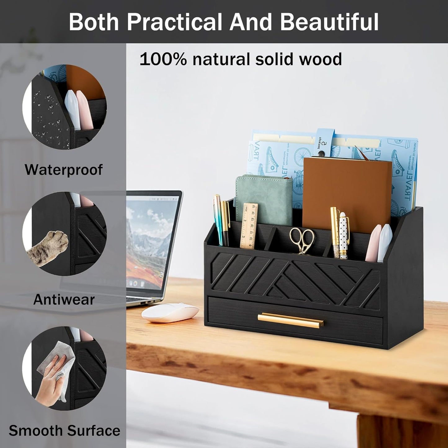 Black Wood Desk Organizer and Accessories with Drawer, Bill Mail Organizer and File Mail Holder for Office Supplies, Modern Desk Accessories & Workspace Organizers for Desk Organization