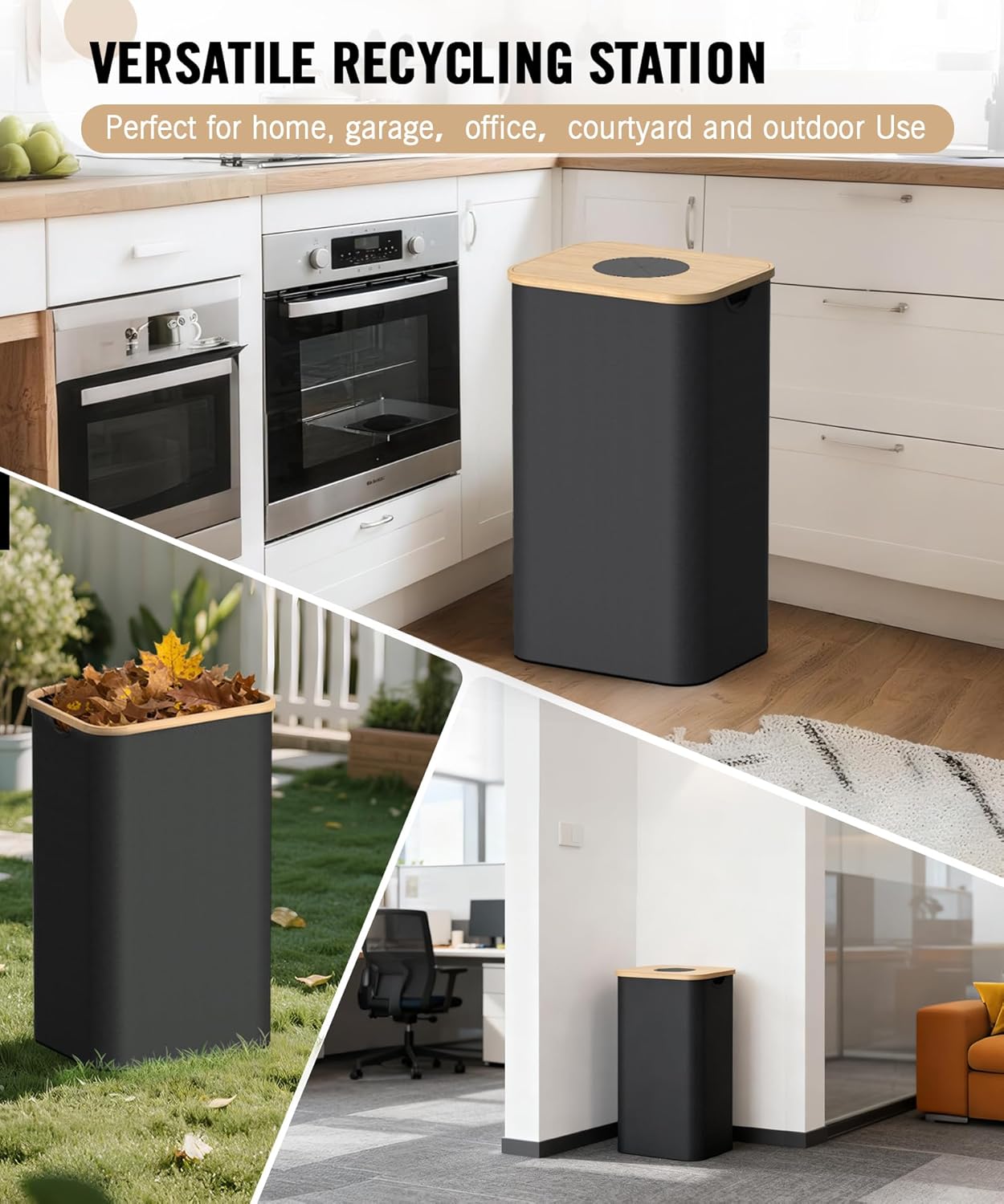 Recycling Bins for Kitchen, 26 Gallon (100L) Recycle Bin with Bamboo lid, Indoor Oxford Fabric Recycling Trash Can with 2pcs Removeable and Reusable Inner Bags for Bottle Can Glass Plastice, Black