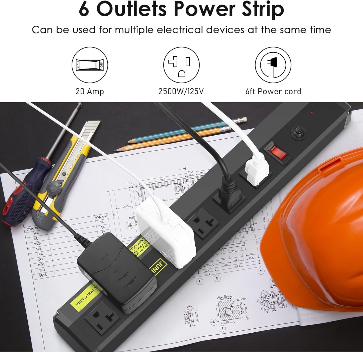 JUNNUJ Heavy Duty 20 Amp Power Strip 2 Pack, High Amp Surge Protector 6 Outlet, 20A Power Workshop Industrial Outlets Wide Spaced 6-20R T-Slot with Circuit Breaker,12 Gauge Extension Cord 6ft