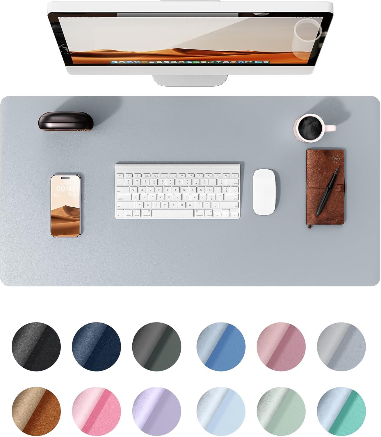 YSAGi Leather Desk Pad Protector, Office Desk Mat, Large Mouse Pad, Non-Slip PU Leather Desk Blotter, Laptop Desk Pad, Waterproof Desk Writing Pad for Office and Home (Light Grey, 23.6" x 13.8")