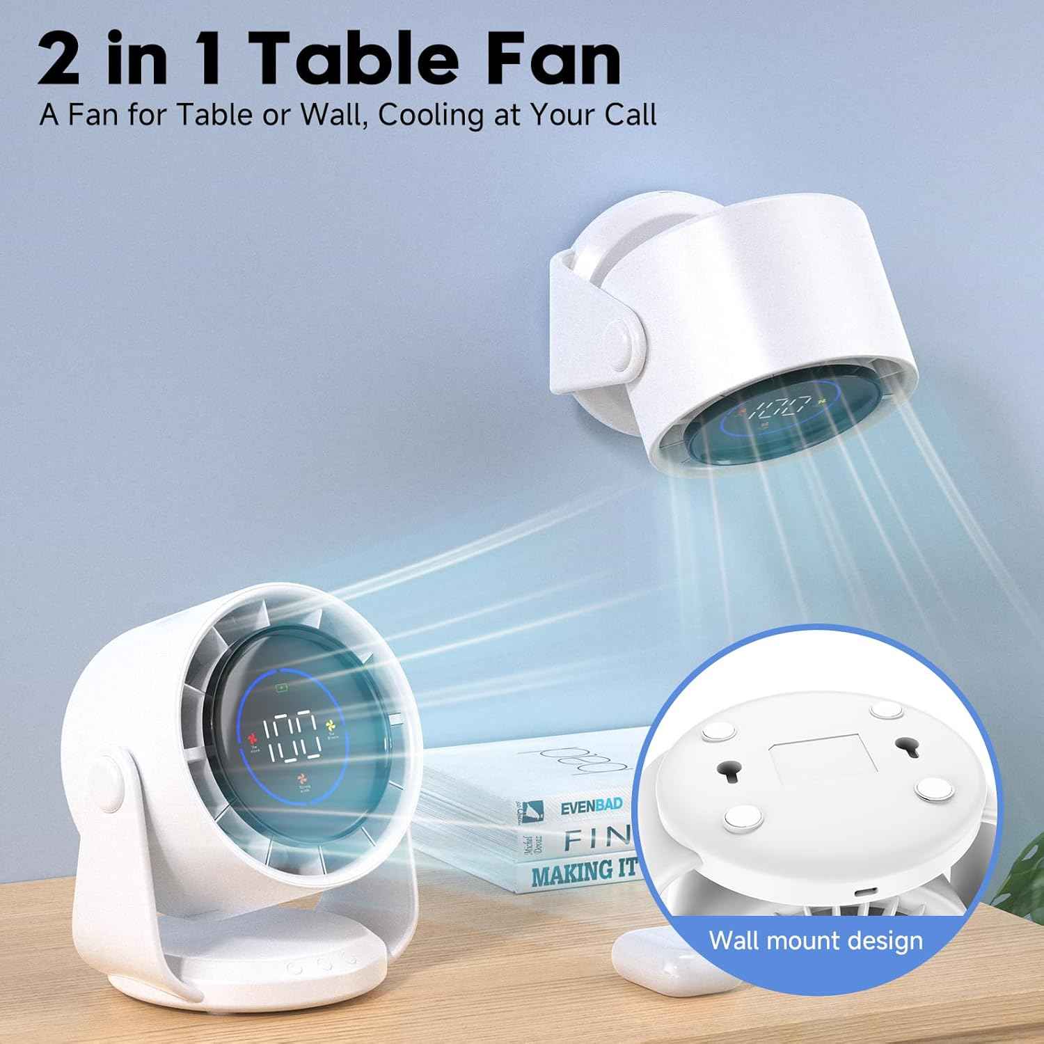 YOSHENMO Desk Fan, Turbo Table Fan for Bedroom, 100-Speed Digital Display, Low Noise, 105° Adjustable Tilt, 7.5-inch, Rechargeable Battery, Wall-Mouted Design for Home, Office, Travel Dark White