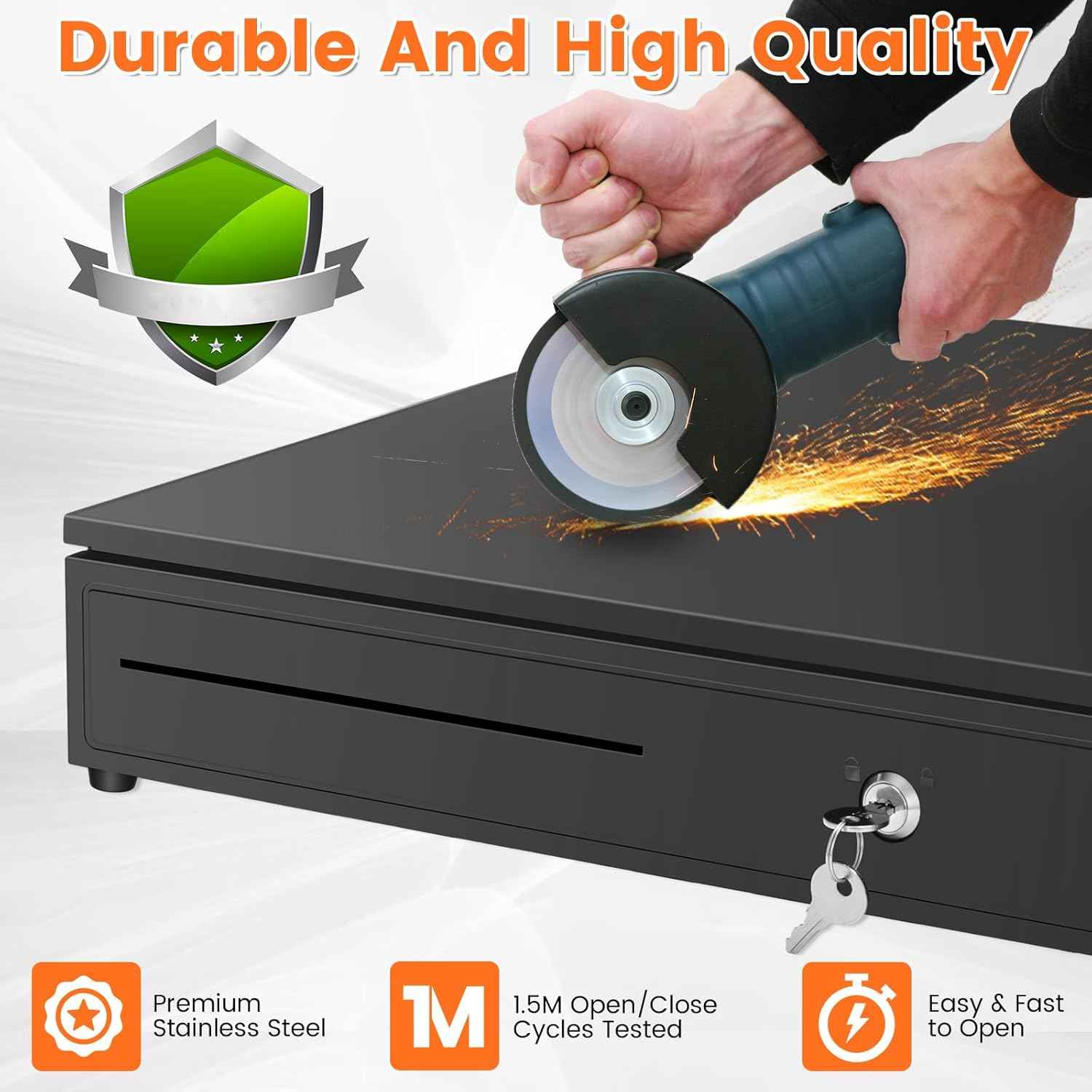 16.4" Cash Drawer with Media Slot, POS Cash Register with 5 Bill 8 Coin Slots, RJ11/RJ12 Printer-Driven, 3-Position Key Lock, Heavy-Duty Steel Cash Register for for Small Businesses