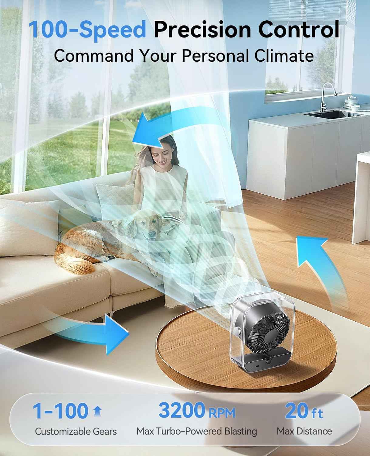 DIGIX Portable Desk Fan for Bedroom, Rechargeable Small Table Fan with 100 Speeds, 90° Rotation, Turbo Airflow, LED Display, Quiet Personal USB Cooling Fan for Office Home Travel Camping, Black
