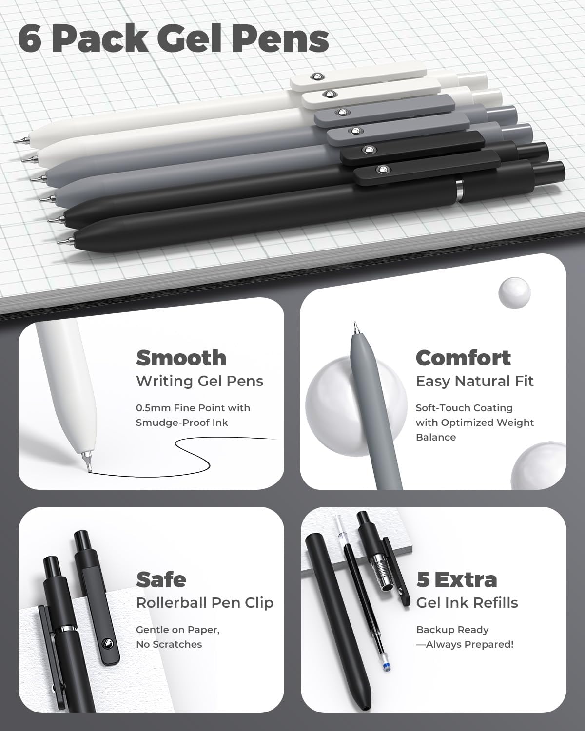 Four Candies 45 PCS School Supplies with Pen Case, 6 Gel Pens, 6 Art Mechanical Pencil Set, 12 Highlighters for College Essentials Office Stationery (Black)