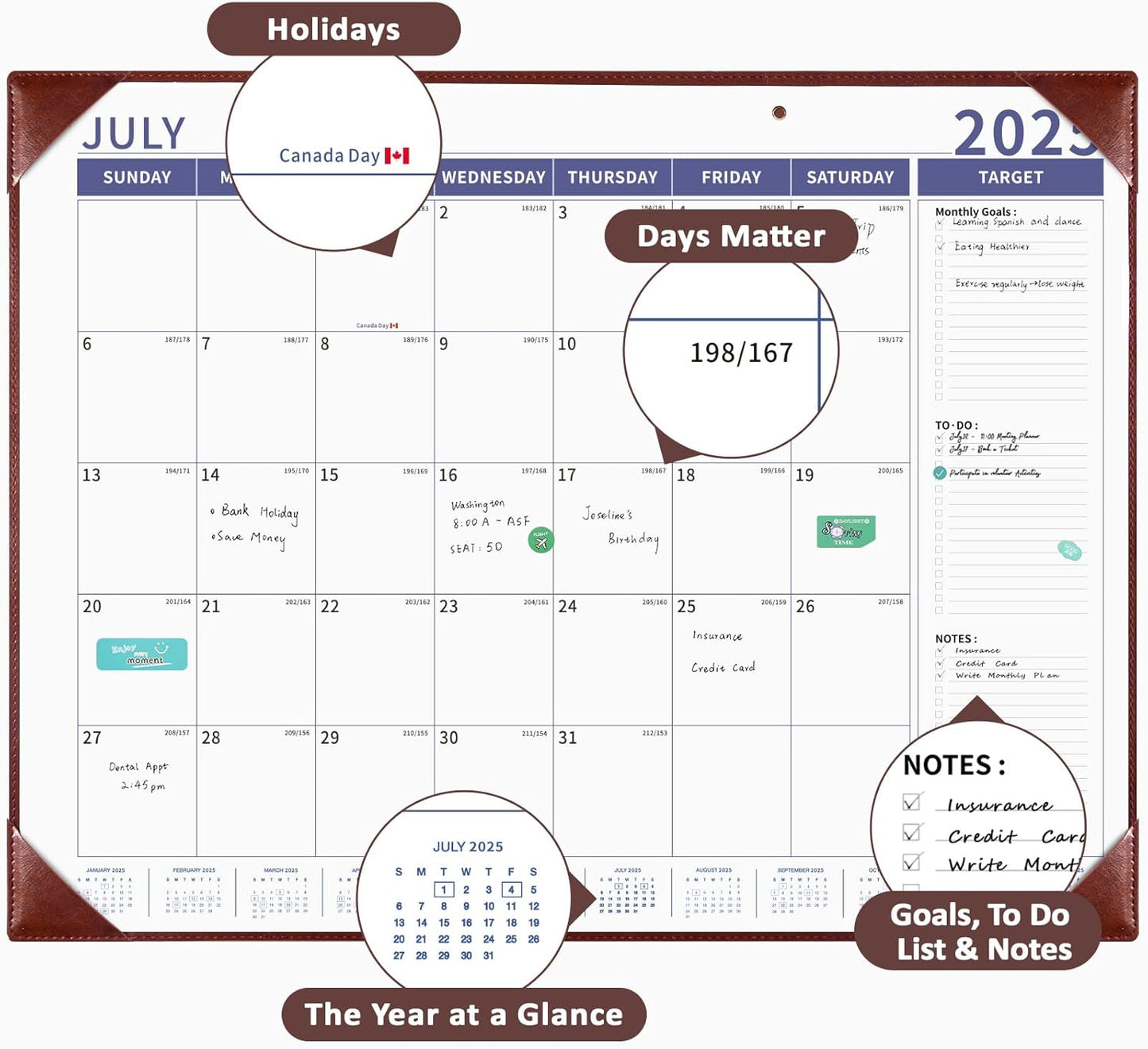 Ospelelf Large Desk Calendar 2025-2026 with PU Leather Pad, 18 Months Planner Pad from July 2025 to Dec 2026, 22" x 17" Wall Calendar with Protective Cover for Home or Office, Brown