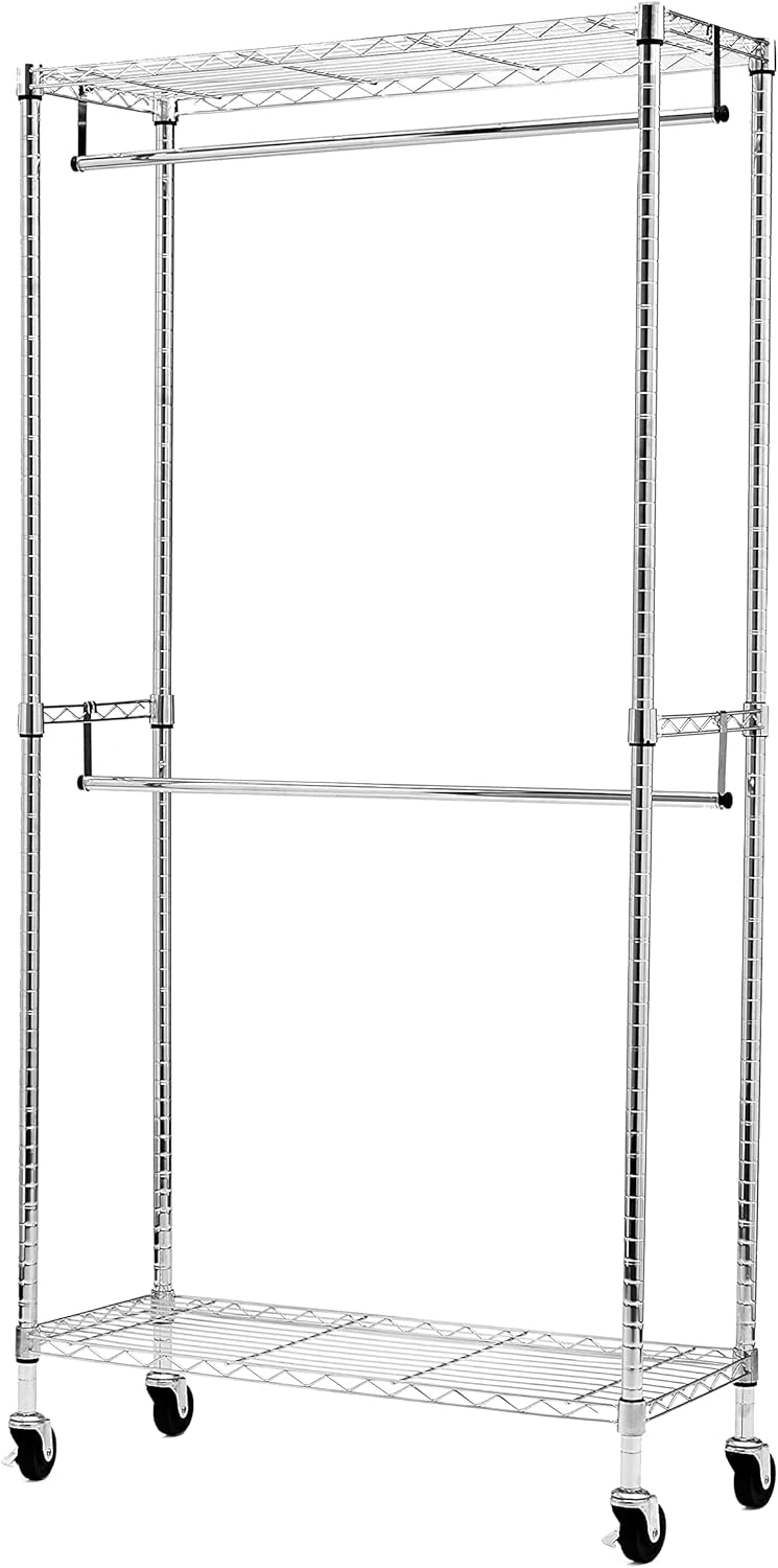 Amazon Basics Adjustable Clothes Rack for Handing, Double Hanging Rod Garment Rolling Closet Clothing Organizer, Chrome, 36'' x 14'' x 72'' - Lumora Desk