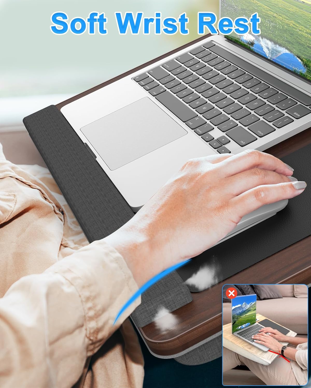 Laptop Lap Desk, Portable Large Laptop Desk for Bed, Up to 17 in Lap Table with Wrist Rest, Mouse Pad, Tablet Phone Slot, Portable Handle, Lap Tray with Cushion (Dark Brown)