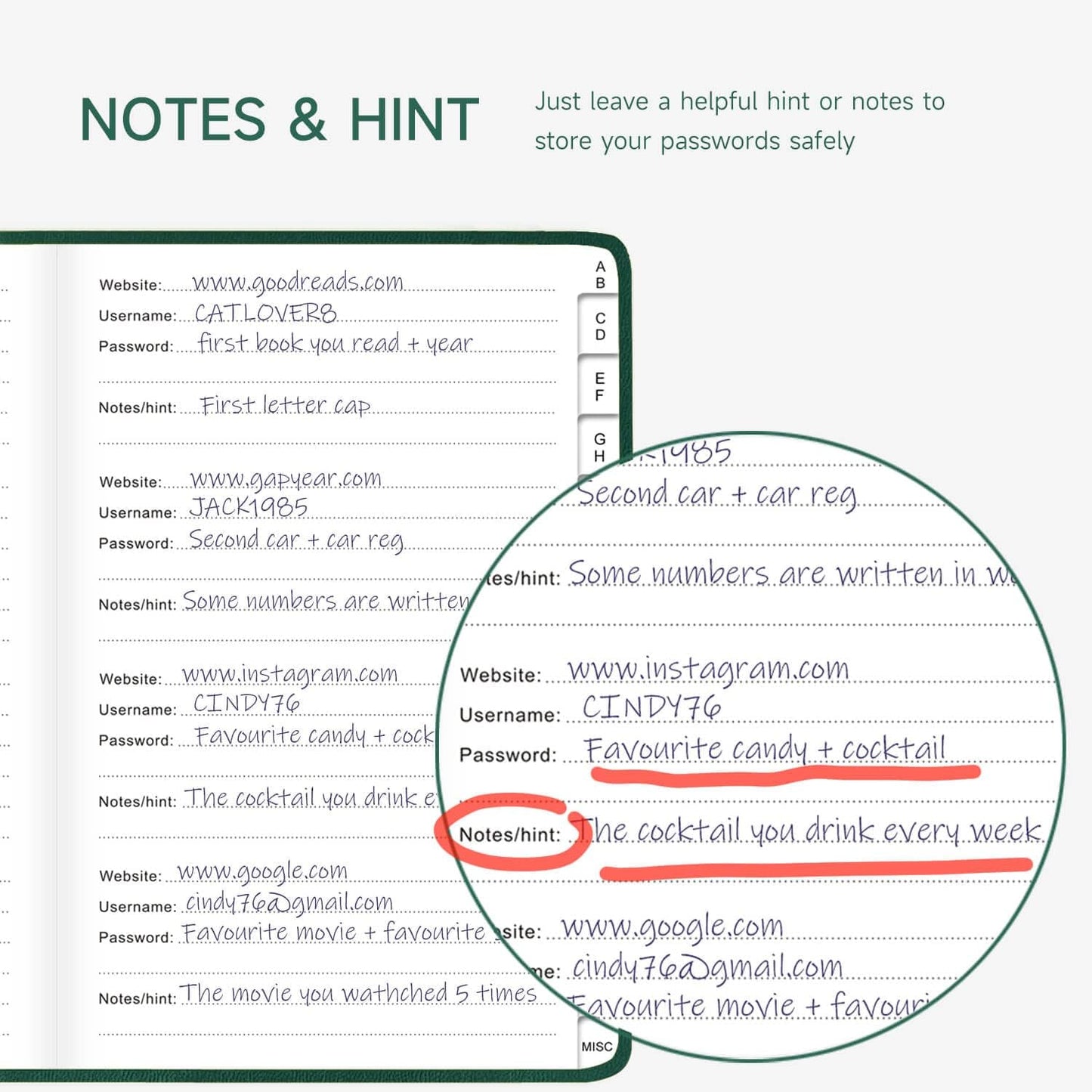 Password Book with Alphabetical Tabs – Hardcover Internet Address & Password Organizer – Password Keeper Notebook for Computer & Website – 5.2 x 7.6" Log-in Password Journal w/ Thick Paper (Earth Green)