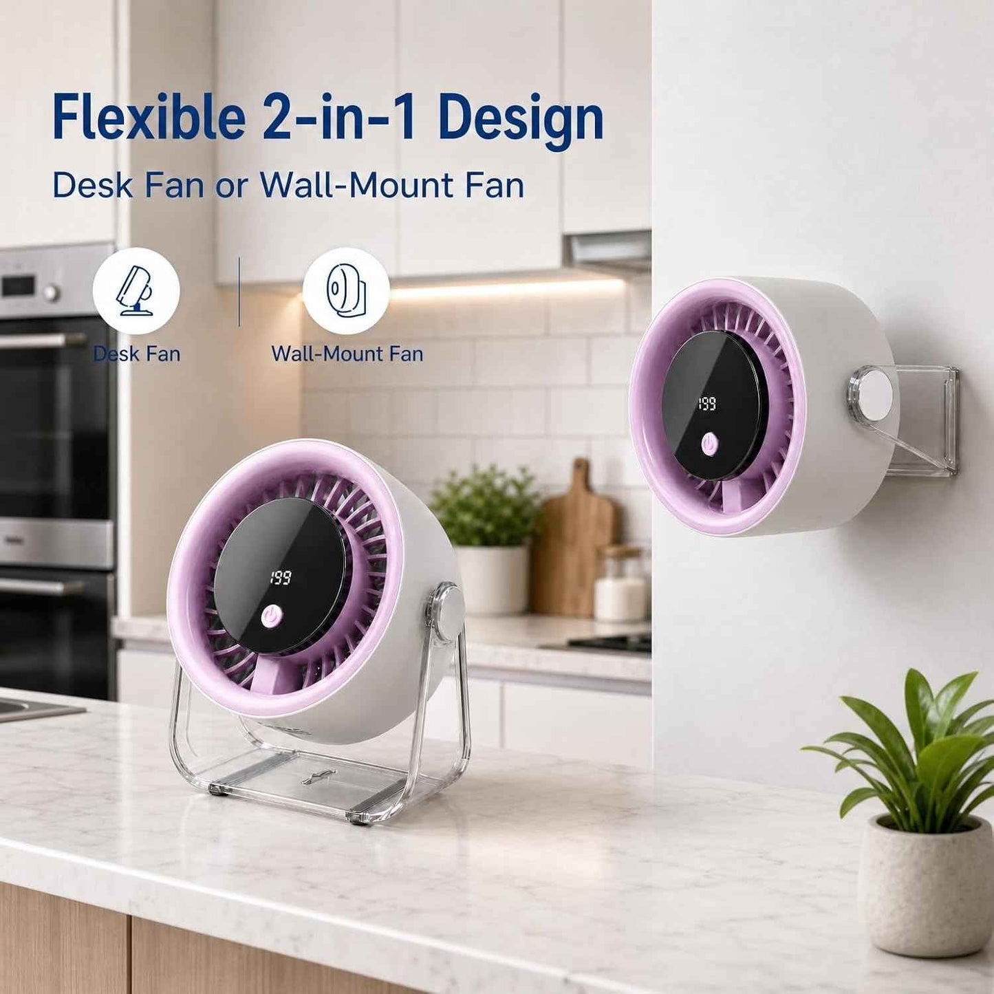 Coolking Portable Desk Fan for Bedroom, 199 Speeds Rechargeable USB Table Fan with 4000mAh Battery, 360° Rotation, LED Display, Quiet Wall-Mountable Personal Cooling Fan for Home Office (Purple)