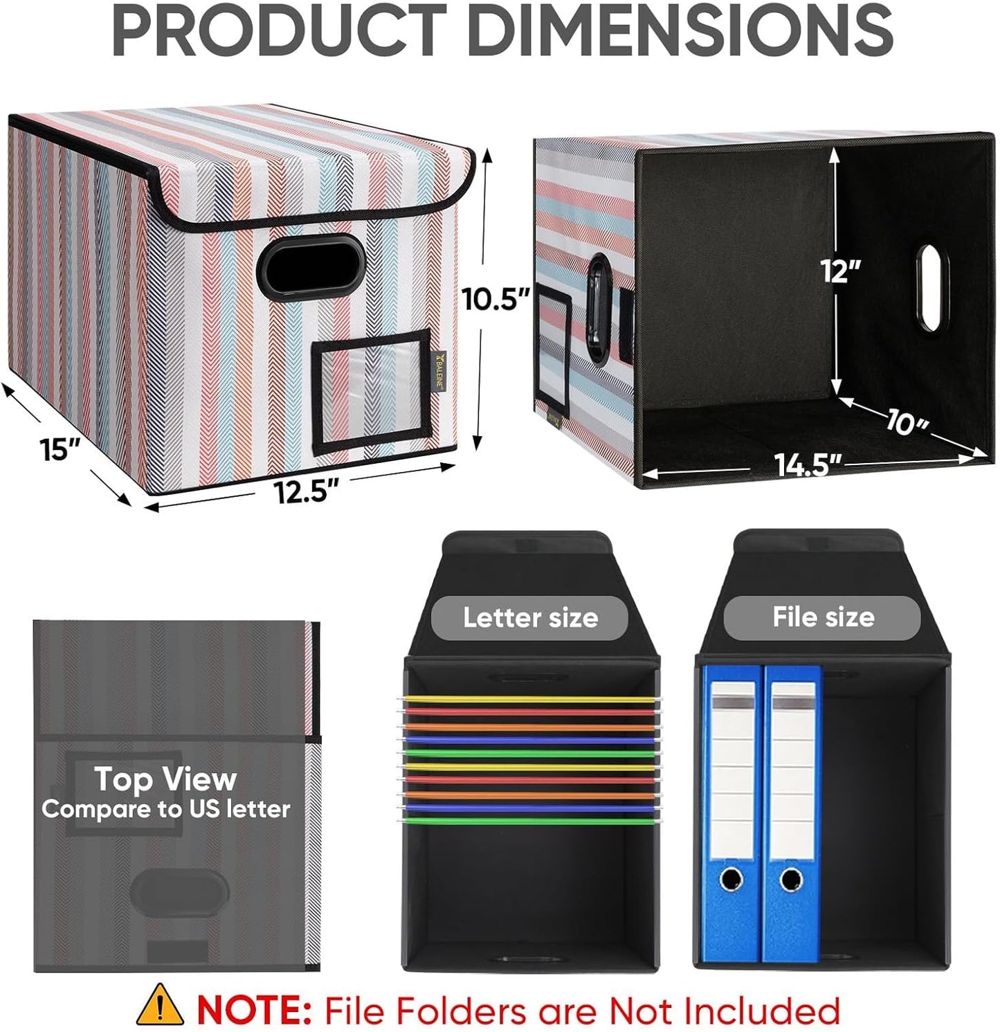 BALEINE File Organizer Box with Lid, Collapsible File Folder Organizer with Plastic Slide, Hanging File Folder Box for Office Document Storage (2 Pack, Color Stripe)