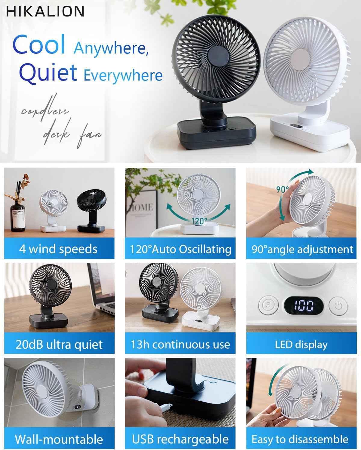 Oscillating Small Desk Fan, with USB Rechargeable Battery, Ultra Quiet, 4 Speeds, 13-Hour Runtime, Wall-Mount Option, Quiet Fan, Home, Bedroom and Office, White