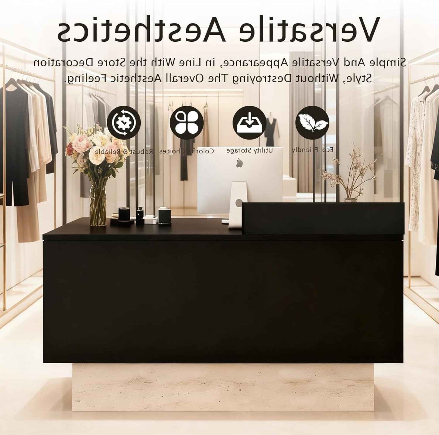 Front Reception Desk with Counter - Wood Modern with Storage Drawer for Salon Retail Office Checkout Barber Counter Table Mostrador para Negocio,Black + Stone/Right - 47.2″x19.6″x41.3″