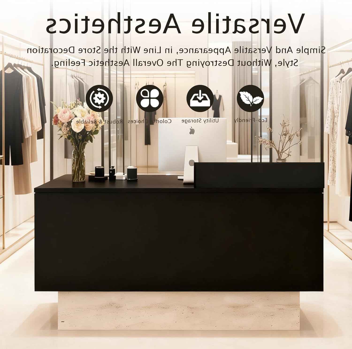 Front Reception Desk with Counter - Wood Modern with Storage Drawer for Salon Retail Office Checkout Barber Counter Table Mostrador para Negocio,Black + Stone/Right - 47.2″x19.6″x41.3″