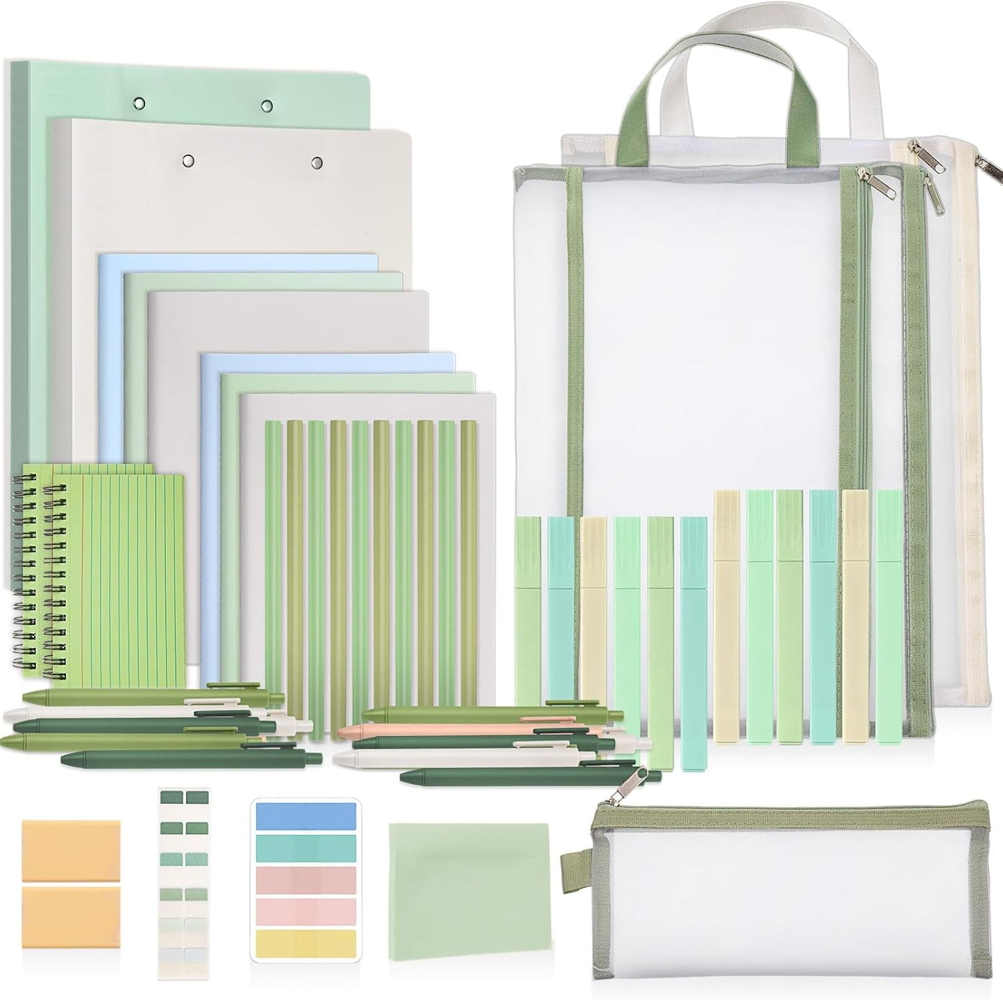 Colarr 54 Pieces Aesthetic School Supplies Including Pastel Highlighters Document Bags Pencils Notebooks Pencil Pouch Ink Pens Sticky Notes Erasers Back to School Gift Stationary Kit(Green)