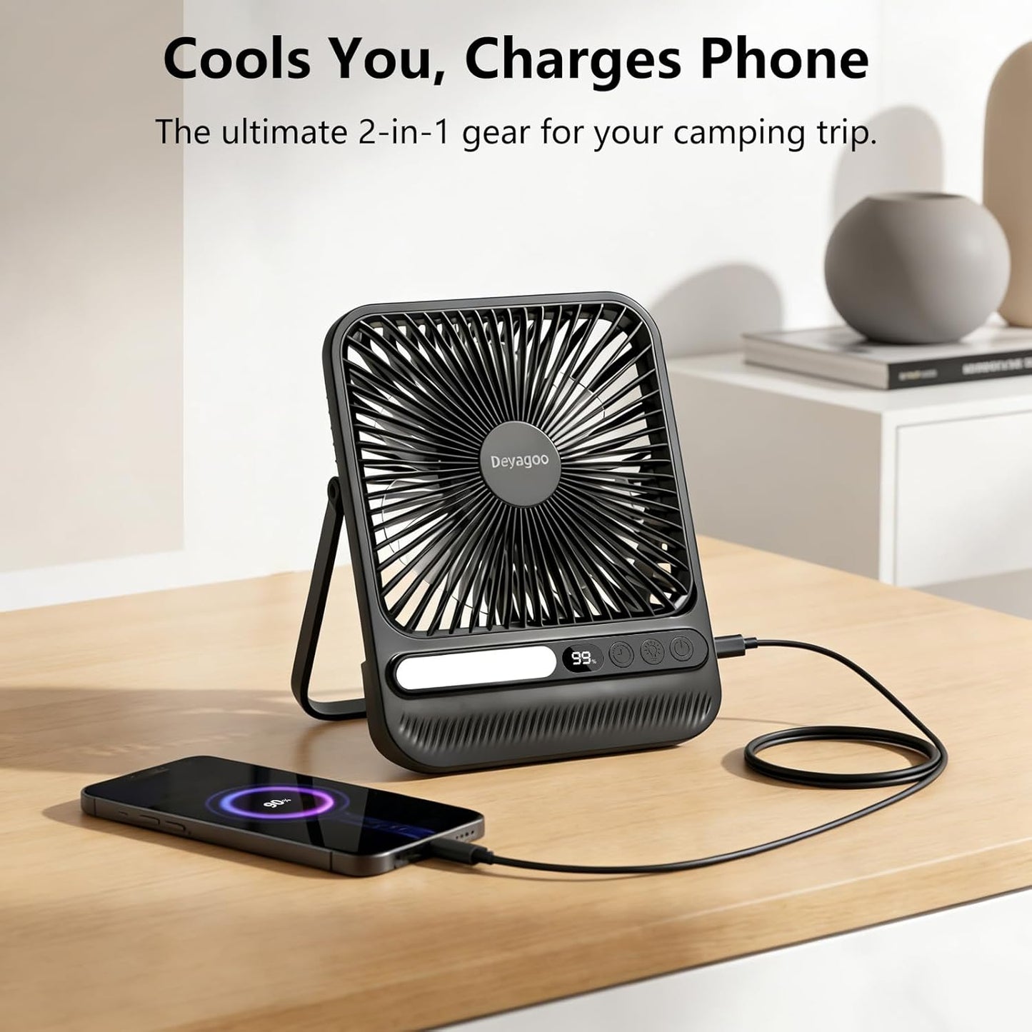 Deyagoo Travel Fan,7-Inch Portable Fan, Rechargeable Fan, 28H 10000mAh Ultra-Thin Quiet USB Desk Fan with Timer & LED Display for Bedroom, Office, Camping