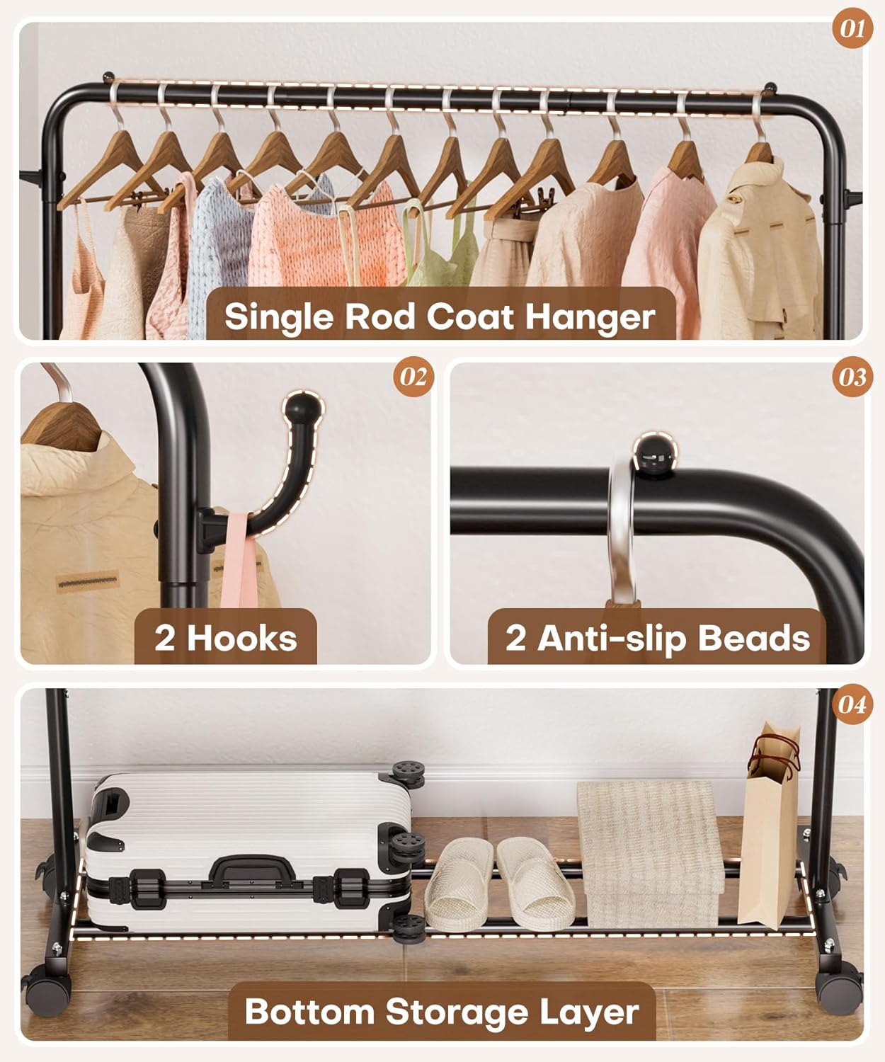Homde Heavy Duty Clothes Rack: 120lb Standing Garment Storage for Indoor - Rolling Hanging Rod for Bedroom Laundry Room - Coat Dress Organizer on Wheels with luggage shelf (Black，46") - Lumora Desk