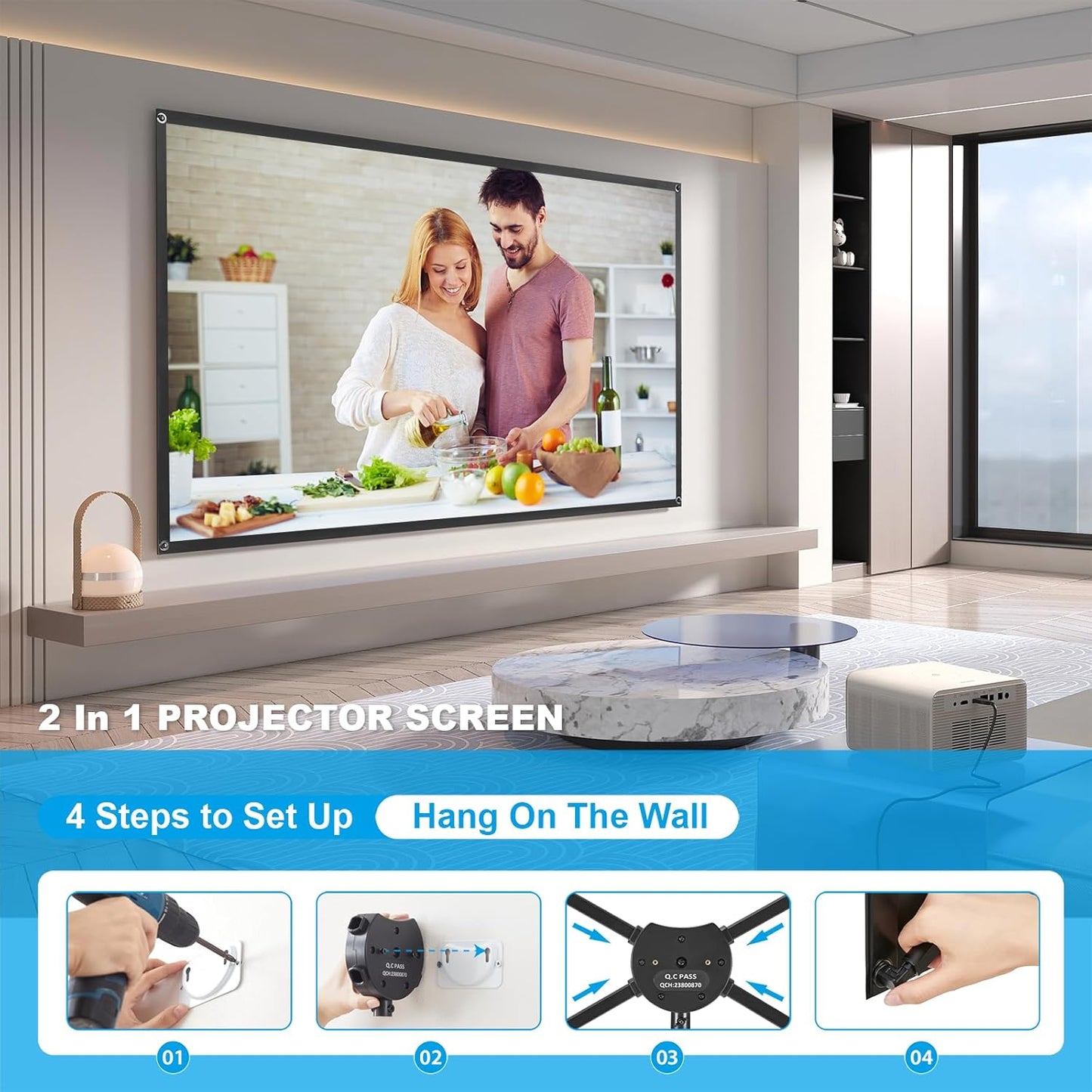 Projector Screen and Stand, Portable Projector Screen, 120 Inch 16:9, Outdoor Projection Screen, 1.2 Gain, 160 Degree View Angle, 2 Mounting Modes, Fast Setup, Idea for Home Cinema, Backyard Party.