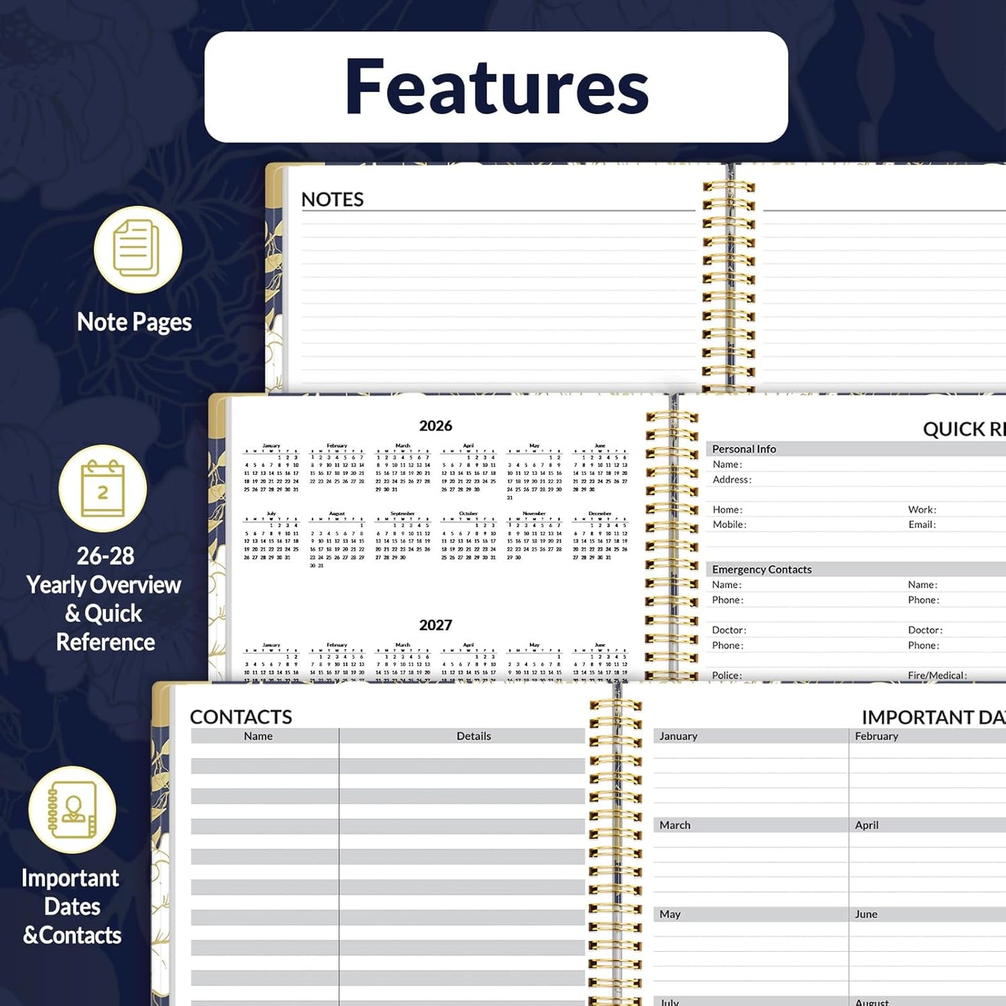 SUNEE 2026 Weekly and Monthly Planner - from January 2026 - December 2026, 8.5"x11" Daily Agenda Planner with Monthly Tab, Flexible Cover, Note Pages, Pockets, Bookmark, Spiral Binding, Dark Blue