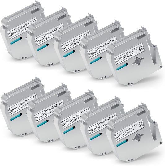 10 Pack M-K231 M Tape 12mm Compatible with M-K231s Brother Label Tape Black on White 0.47 Inch for P Touch PT-M95 PT95 PT65 PT-65 PT70 PT85 PT90 Label Maker Tape Refill