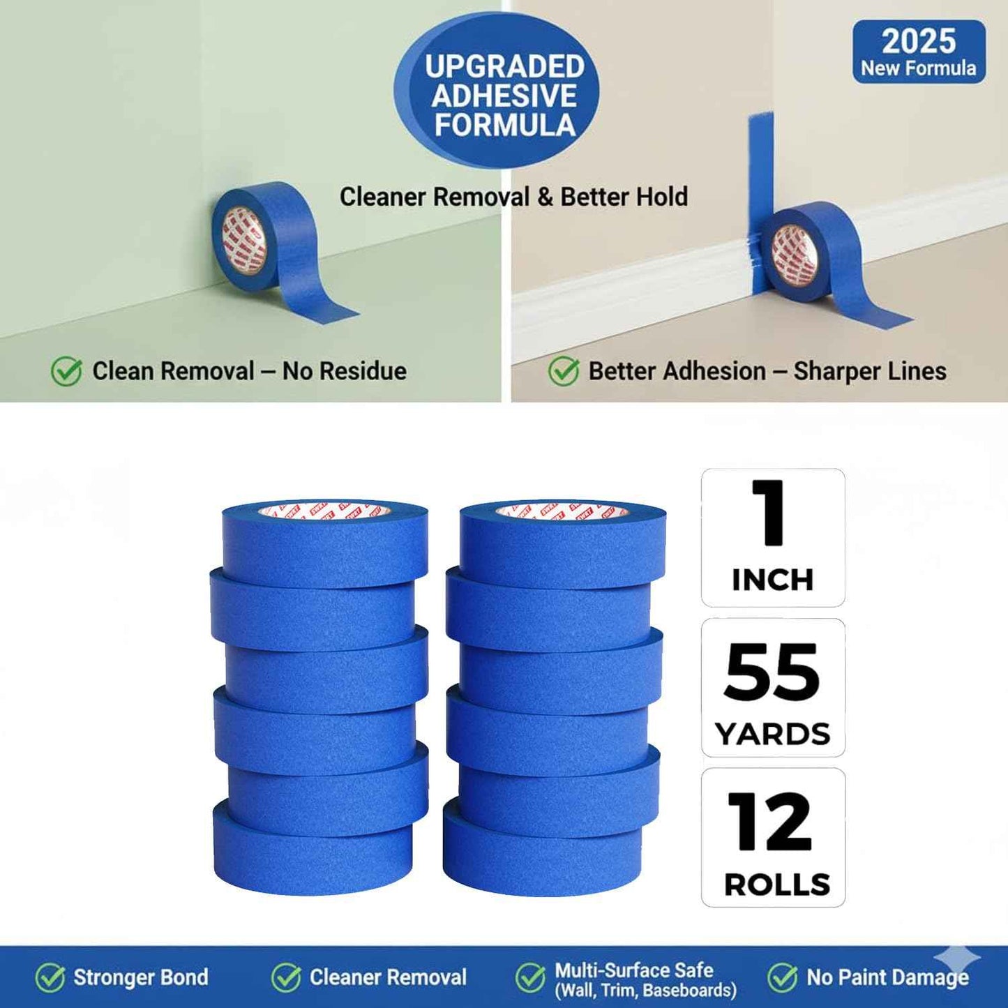 SWRT Blue Painters Tape 1 Inch x 55 Yards, 12 Rolls (660 Yards) – Sharp Clean Paint Lines, No-Residue Painters Tape for Walls, Trim & Baseboards, Easy Removal Masking Tape for Home Projects