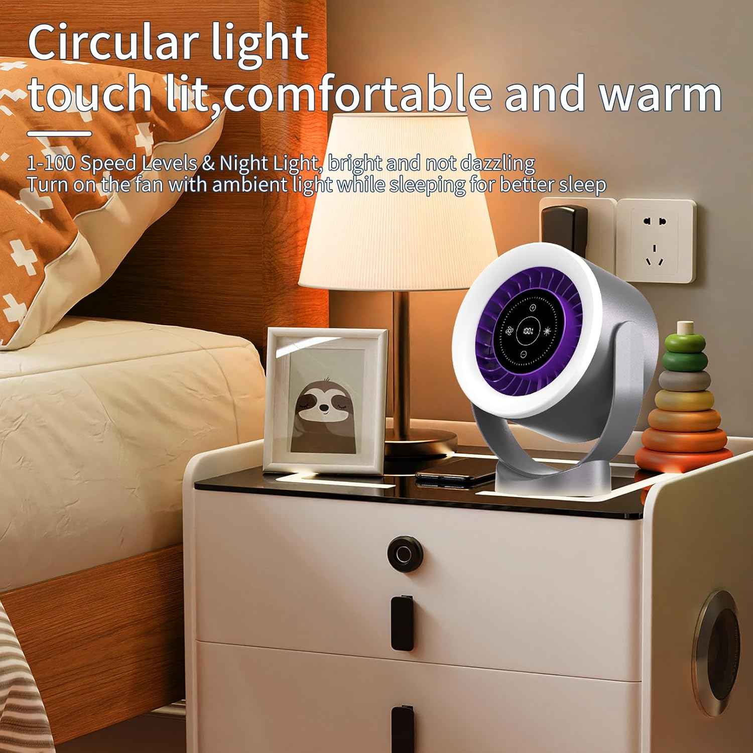 USB Rechargeable Desk Fan – Ultra Quiet <35dB, LED Touch Control, 100 Speed Levels, 360° Adjustable, Wall Mount or Table Use, Timer & Night Light, for Bedroom, Office, Travel