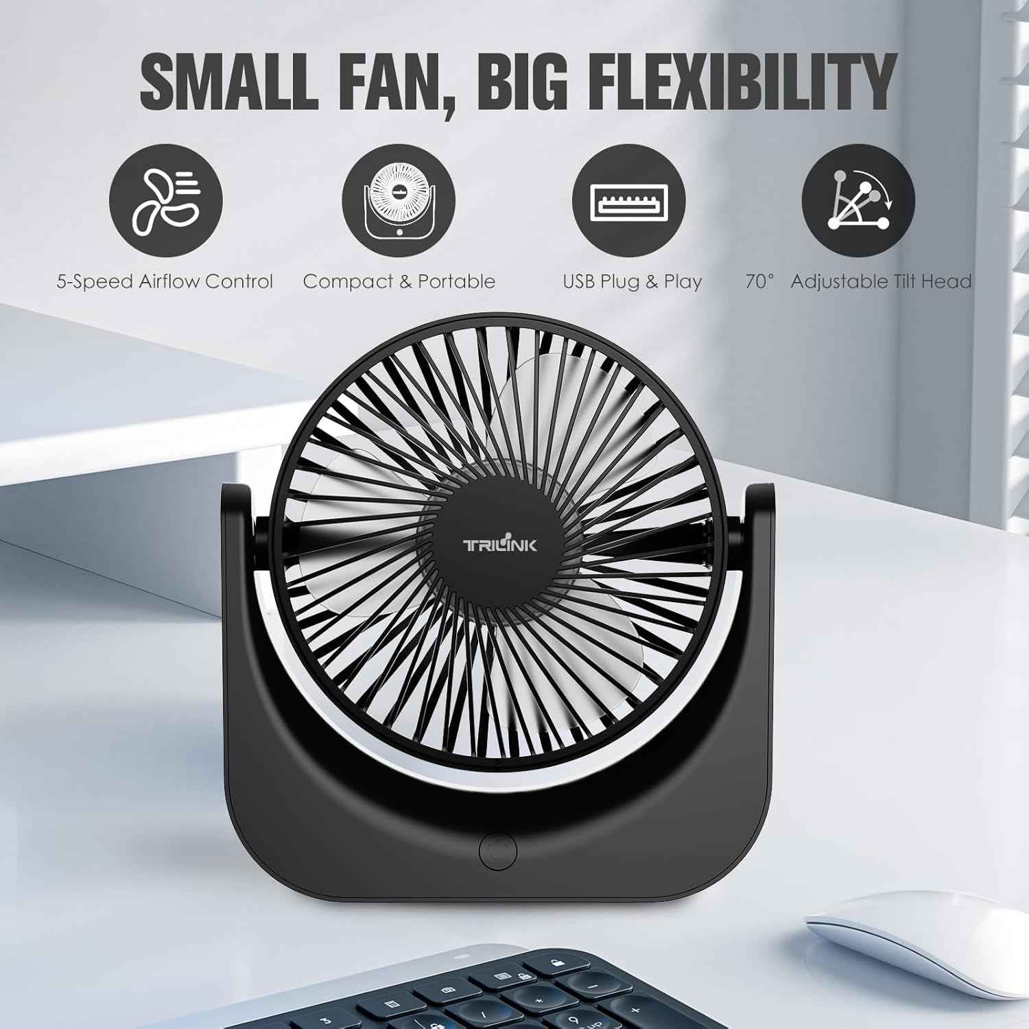 TRILINK Small USB Desk Fan – 5-Speed Mini Table Fan with Adjustable Tilt, Ultra Quiet, USB Powered, Portable Cooling Fan for Home, Desktop, Bedroom, Bed, Office, Travel, and Camping (Black)
