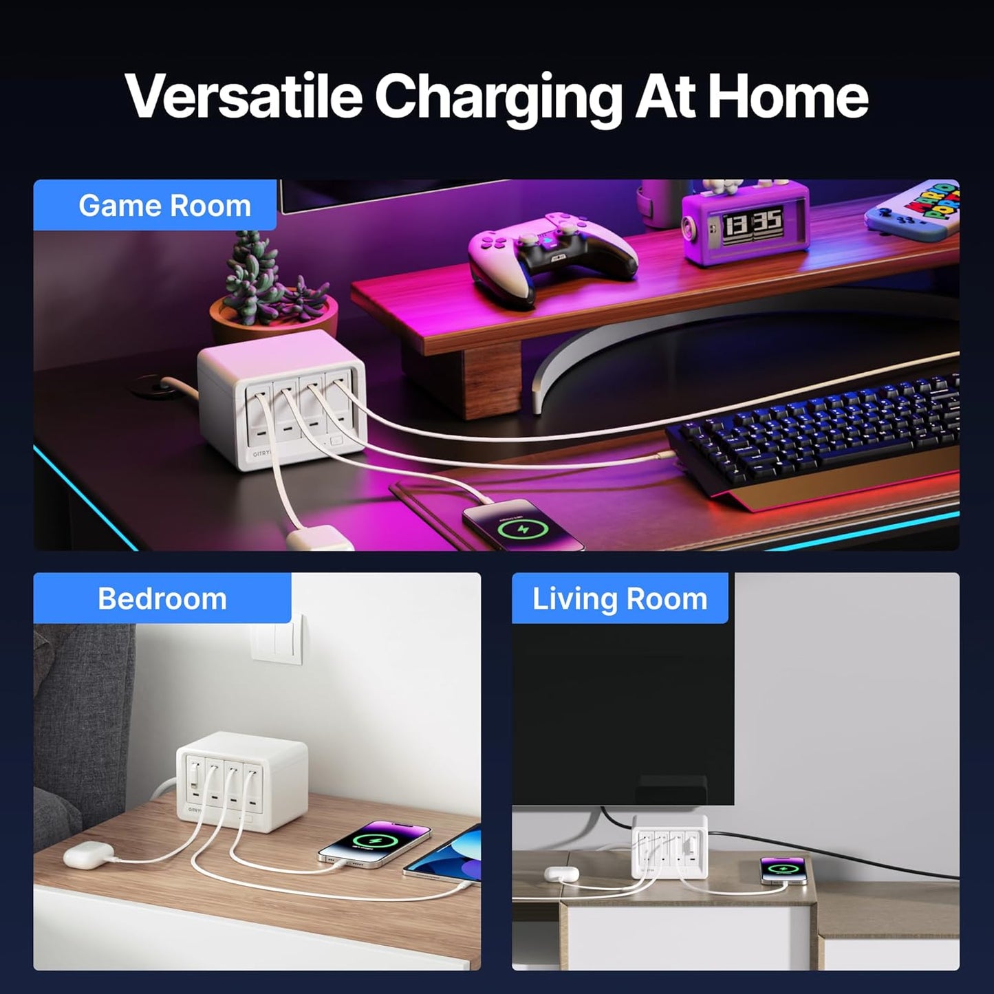 12-in-1 Desktop Charging Station with 3 Retractable Type-C Chargers and 1 Lightning Charger, 40W USB-C Power Strip with 31.5in Cable, Extension Cord with 1020J Surge Protection for Home Office