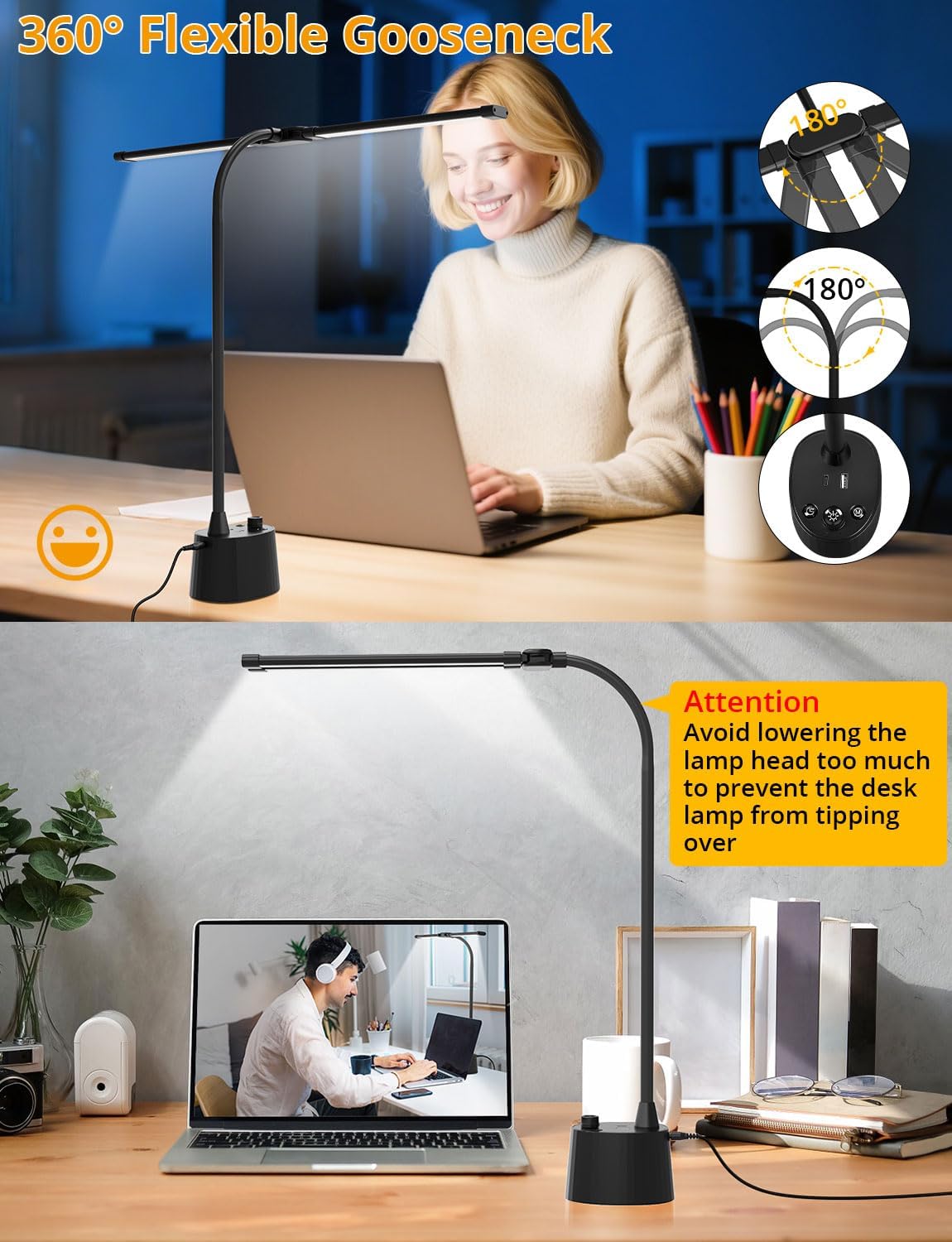 Desk Lamp with Dual Head & 10W Smart Dual USB Charging Port 5 Color Modes Dimmable Reading Light 2600 Lumens 12W Table Lamp for Bedside Office, Adapter Include - Lumora Desk