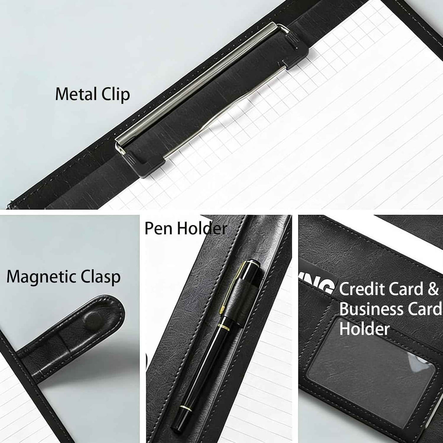Padfolio Portfolio Binder with Clipboard, Professional Faux Leather Interview Resume Folder with Document Organizer & Business Card Holder, A4 Letter Size Notepad Legal Pad Holder for Office(Black)