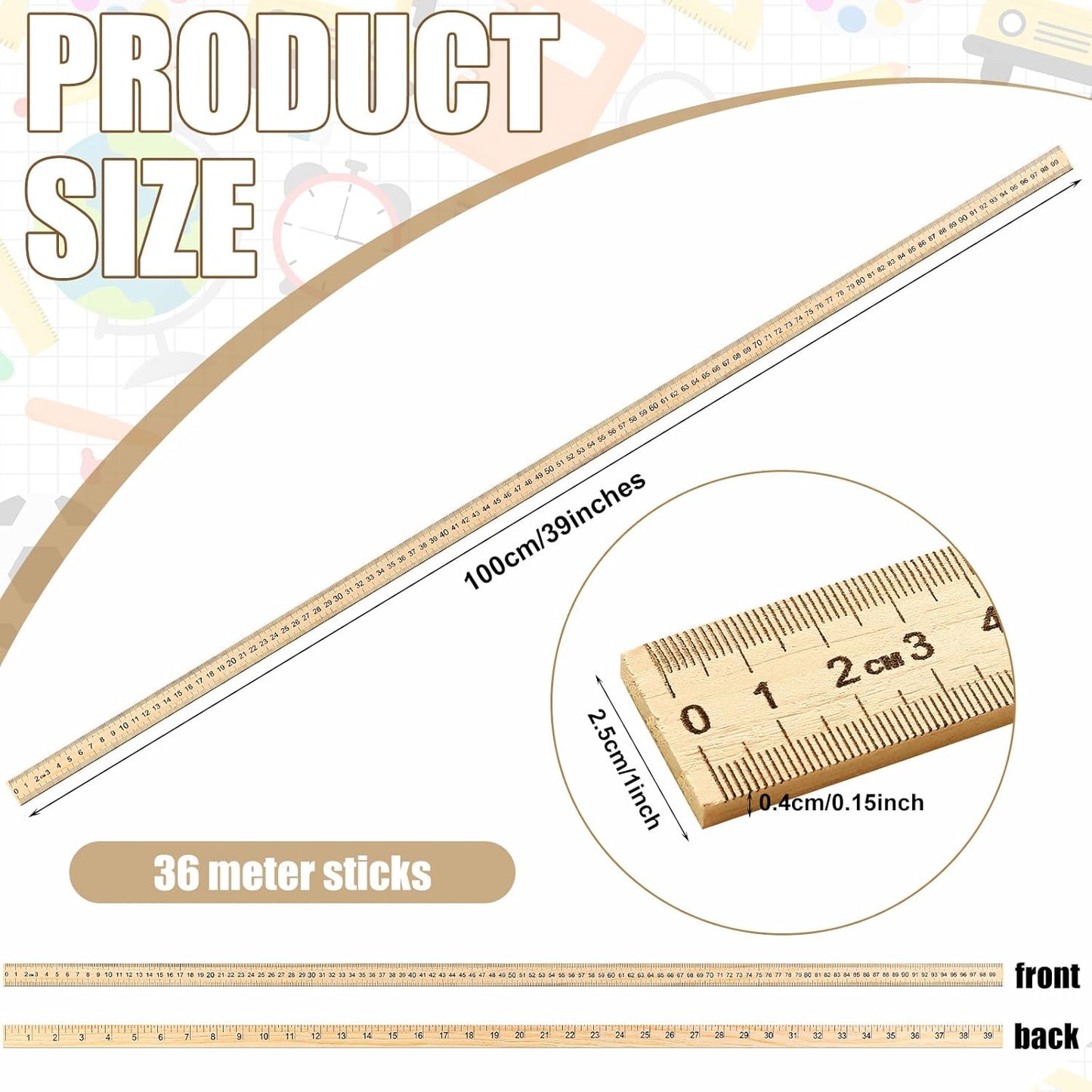 Treela 36 Pack 39 Inches Meter Stick Wood Ruler Economy Yard Stick Double Sided Heavy Duty Thick Meter for School Classroom Home Office Kids Clothing Measuring