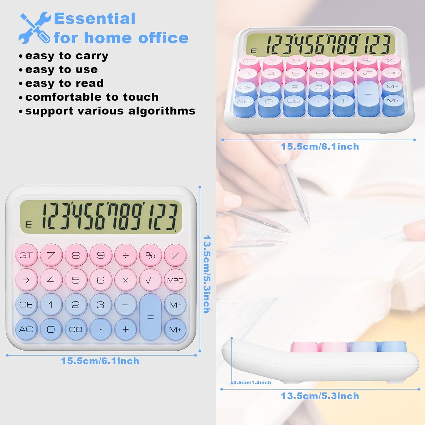 Mechanical Calculator 12 Digit Extra Large 5-Inch LCD Display, DECKLIT Battery Desk Calculator, Big Buttons Easy to Press Use as Office Calculators Desktop, 15°Tilt Screen for Kids Calculator(Pink)