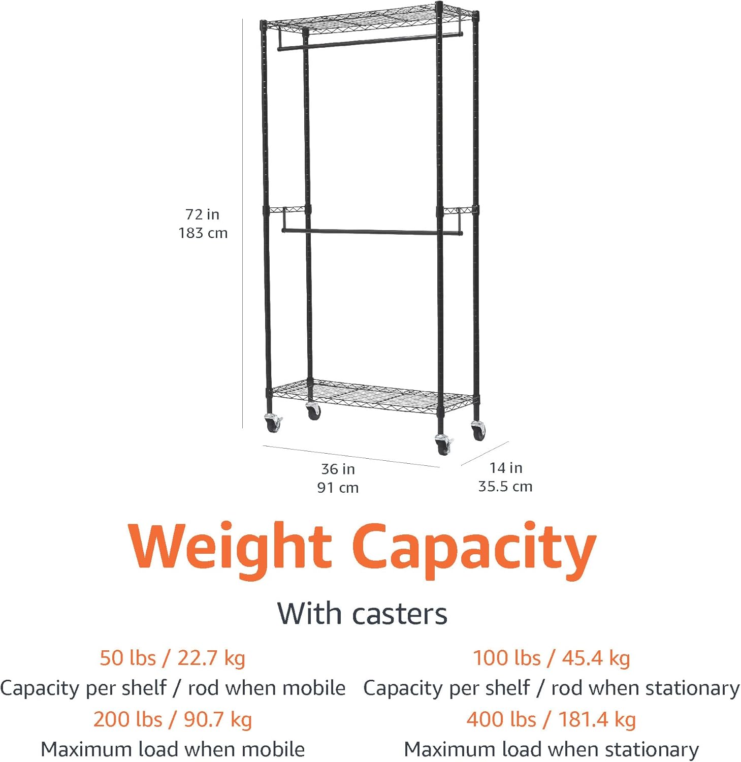 Amazon Basics Adjustable, Double Hanging Rod Garment Rolling Closet Organizer Rack with Wheels, Heavy Duty, Black, 36'' x 14'' x 72'', WI-GAR1436B - Lumora Desk