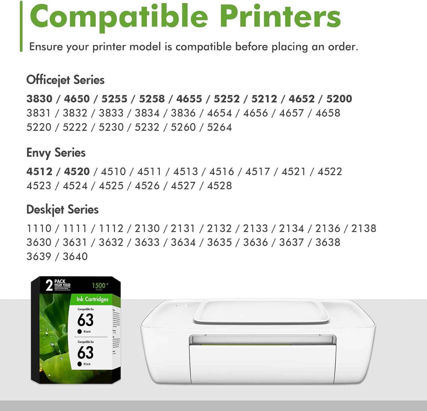 63XL 63 Black Ink Cartridges Replacement for HP63 XL Black Ink Work for HP Envy 4520 Officejet 3830 4650 5255 5258 5200 4655 Envy 4512 Deskjet 1112 2130 3630 Printer High Yield Black 2-Pack