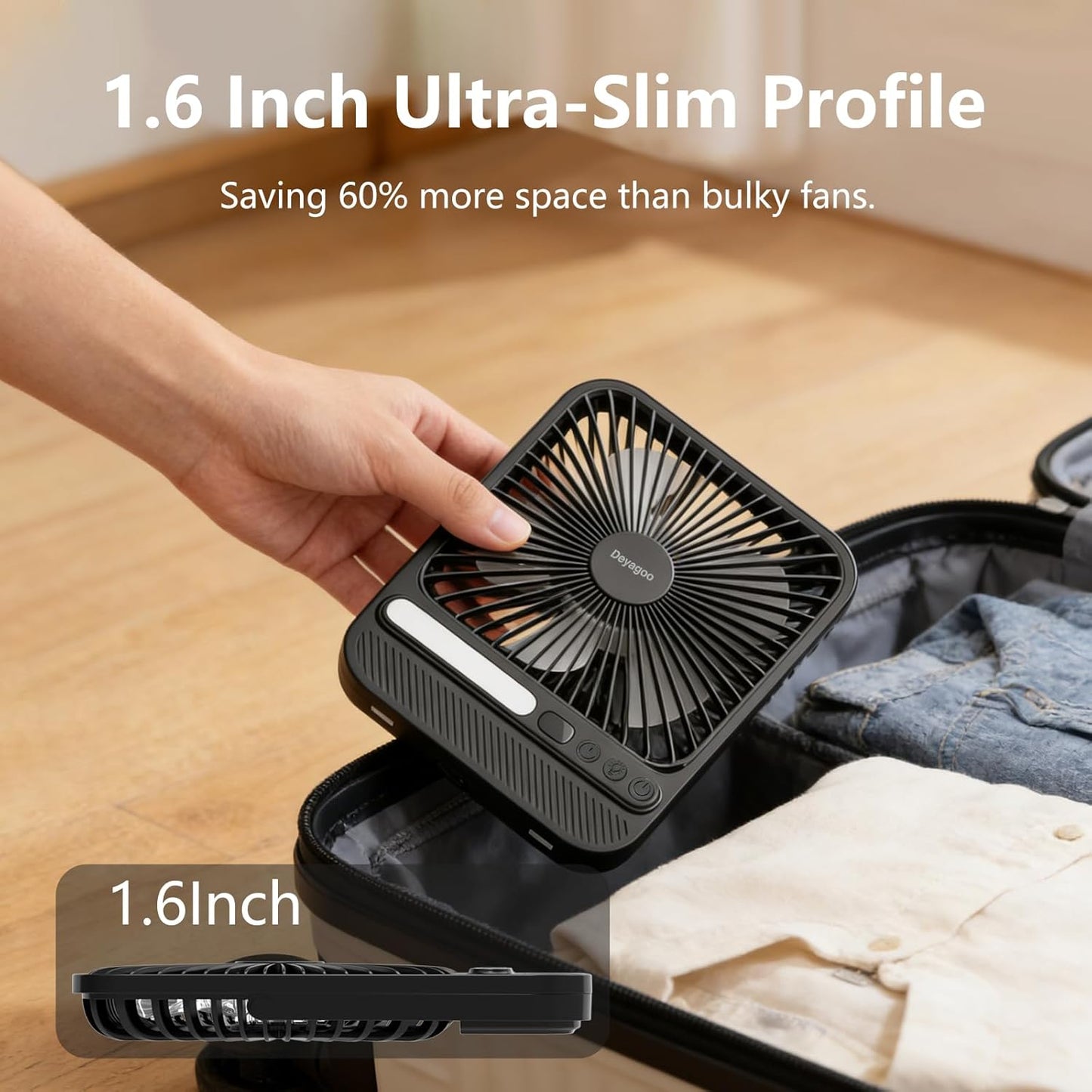 Deyagoo Travel Fan,7-Inch Portable Fan, Rechargeable Fan, 28H 10000mAh Ultra-Thin Quiet USB Desk Fan with Timer & LED Display for Bedroom, Office, Camping