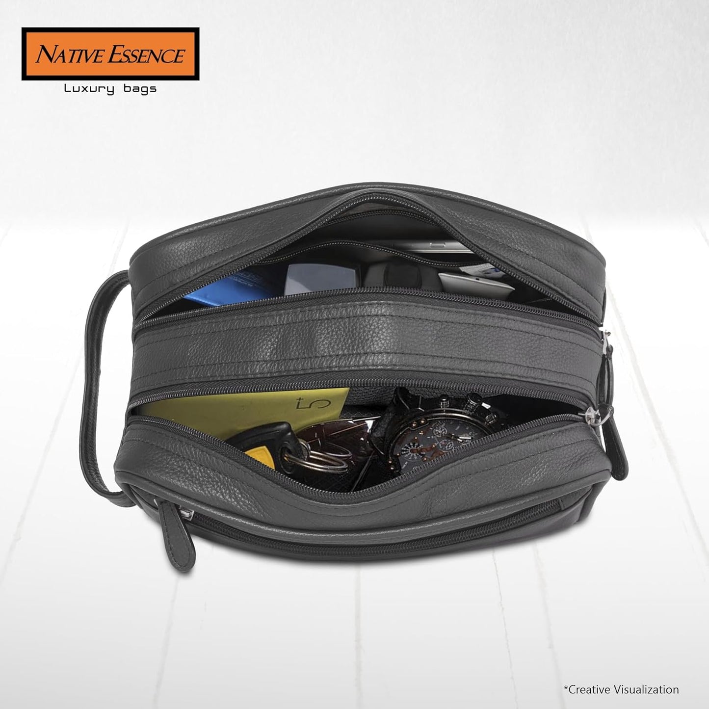 NATIVE ESSENCE Leather Toiletry Bag, Black Genuine Calf Leather Travel Bag, Handmade Cosmetic Pouch, Luxury Shaving Bag, Bathroom Organizer, Stylish Grooming Kit for Men and Women Gift Packed