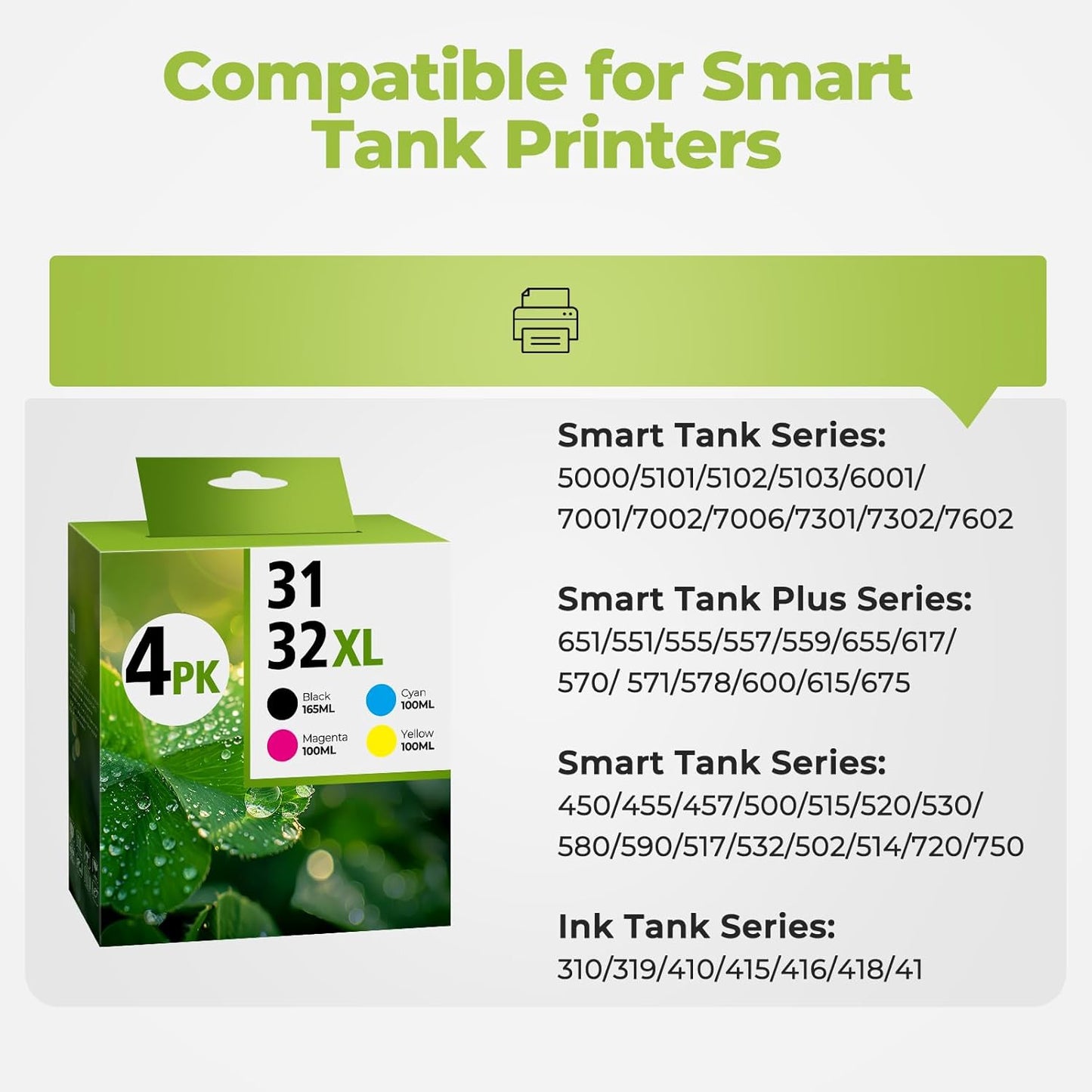 31 Ink 32XL Black Ink Bottle Set, Smart tank 5101 7602 6001 5000 ink refill Compatible with HP 31 32XL Ink Bottle Set for Smart Tank 651 5101 5000 7602 5103 6001 7301 7001 7302 5102 7002 7006 Printers