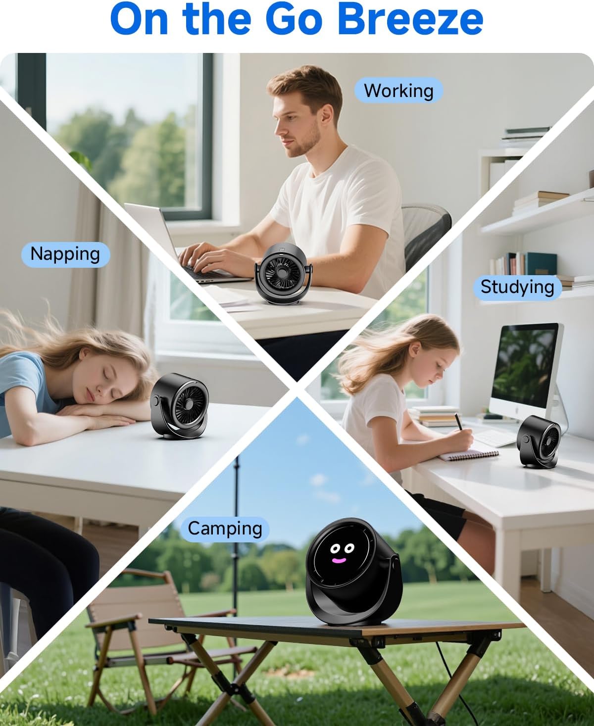 YOSHENMO Portable Desk Fan for Bedroom, Turbo Table Fans with smile icon LED Display, 6-inch, 5-Speed Strong Airflow, Low Noise, 360° Adjustable Tilt, Suitable for Home, Office, Outdoor, Ink Black