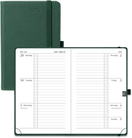 POPRUN Weekly Planner 2026 Calendar (Pocket 4'' x 6.25'') 12 Months Notebook with Horizontal Layout, Leather Hardcover, Inner Pocket, 100GSM Thick Paper, Pen Holder - Army Green