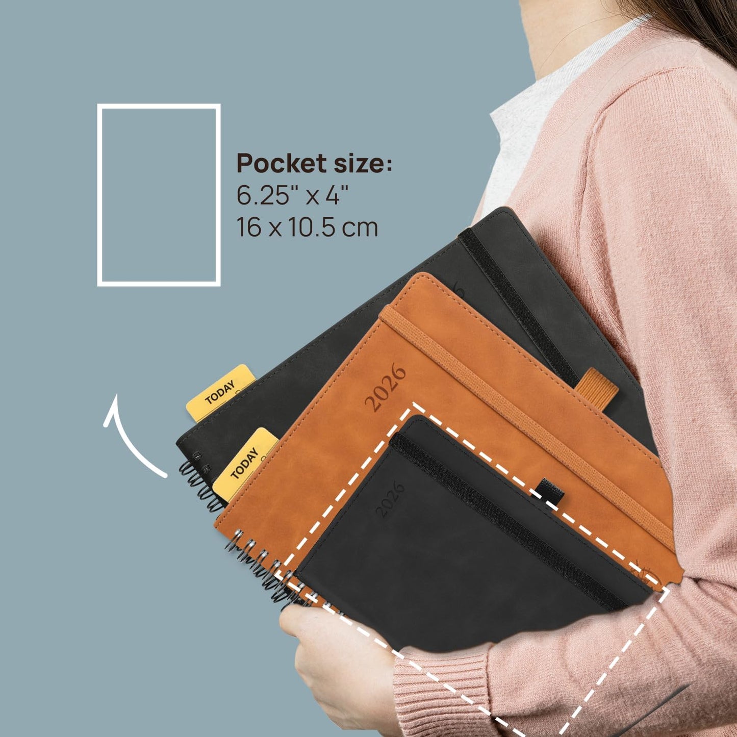 POPRUN Weekly Planner 2026 Pocket Size Calendar (4" x 6.25") 12 Months Notebook with Horizontal Layout, Leather Soft Cover, Inner Pocket, 100GSM Thick Paper, Pen Holder - Soft Pink