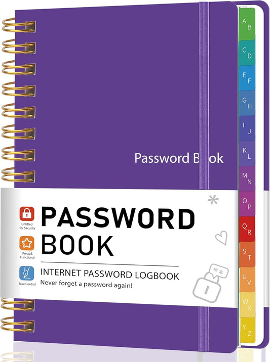 Password Book with Alphabetical Tabs, Password Keeper Book for Seniors, 5.8" X 8.2" Medium Size Password Notebook, Spiral Hardcover Password Journal Logbook for Website Logins, Purple