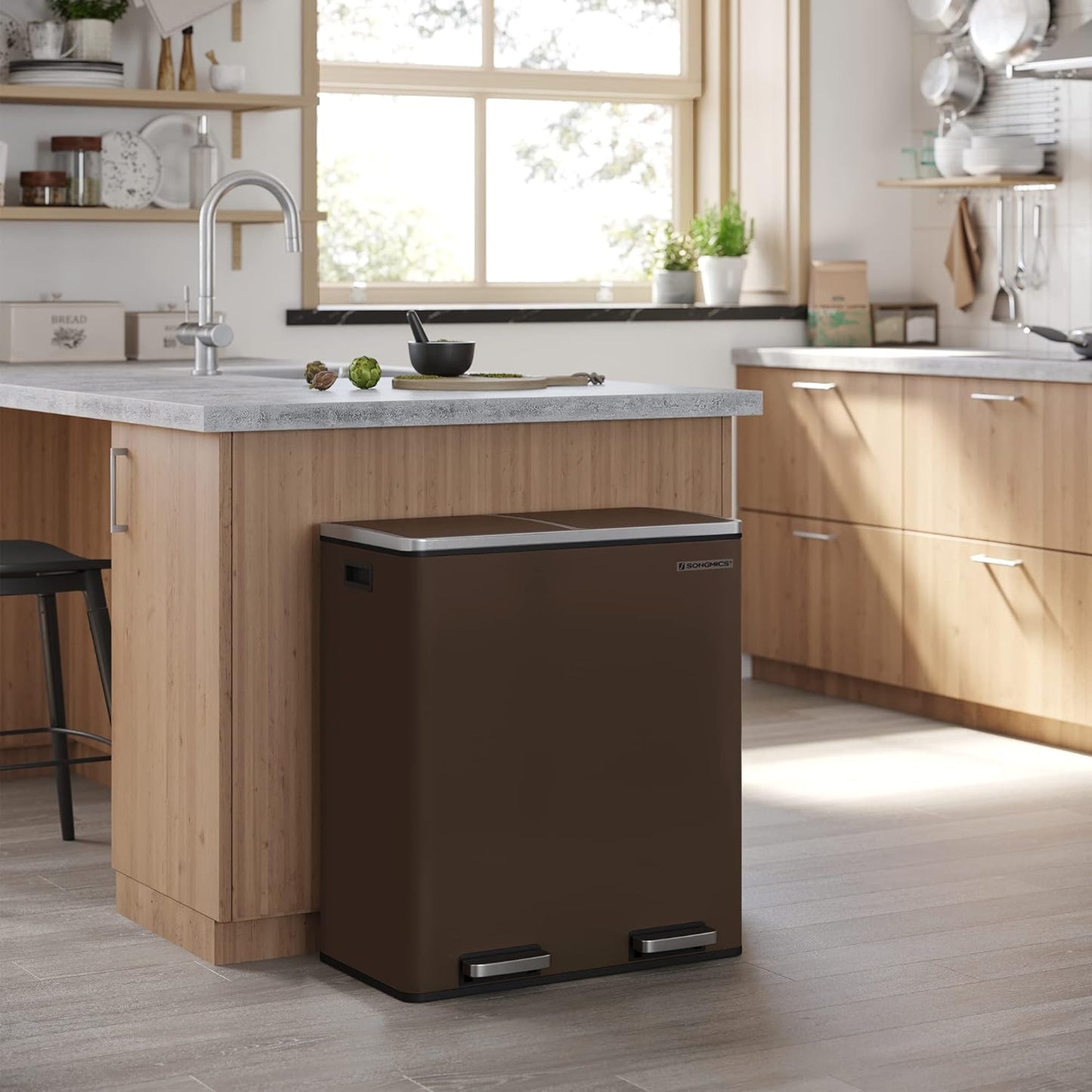 SONGMICS Trash Can, 2 x 8 Gallon (2 x 30 L) Garbage Can for Kitchen, with 15 Trash Bags, 2 Compartments, Plastic Inner Buckets and Hinged Lids, Airtight, Brown ULTB60BR