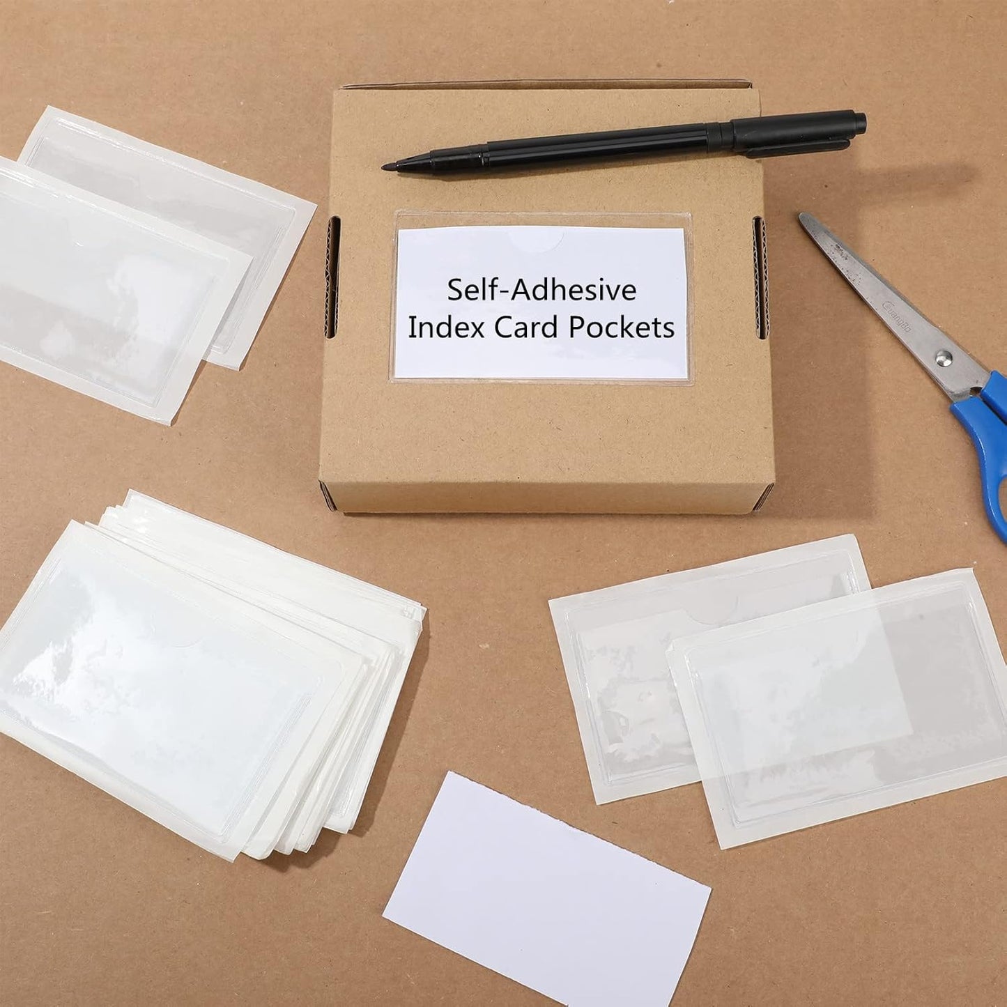 Outus 100 Pcs Clear Self Adhesive Pockets - Bin Labels for Storage Bins, Pocket Label Sleeves, Plastic Index Card Holder with Top Open for Organizing Bins Box Drawer(4.1 x 2.5 Inch)