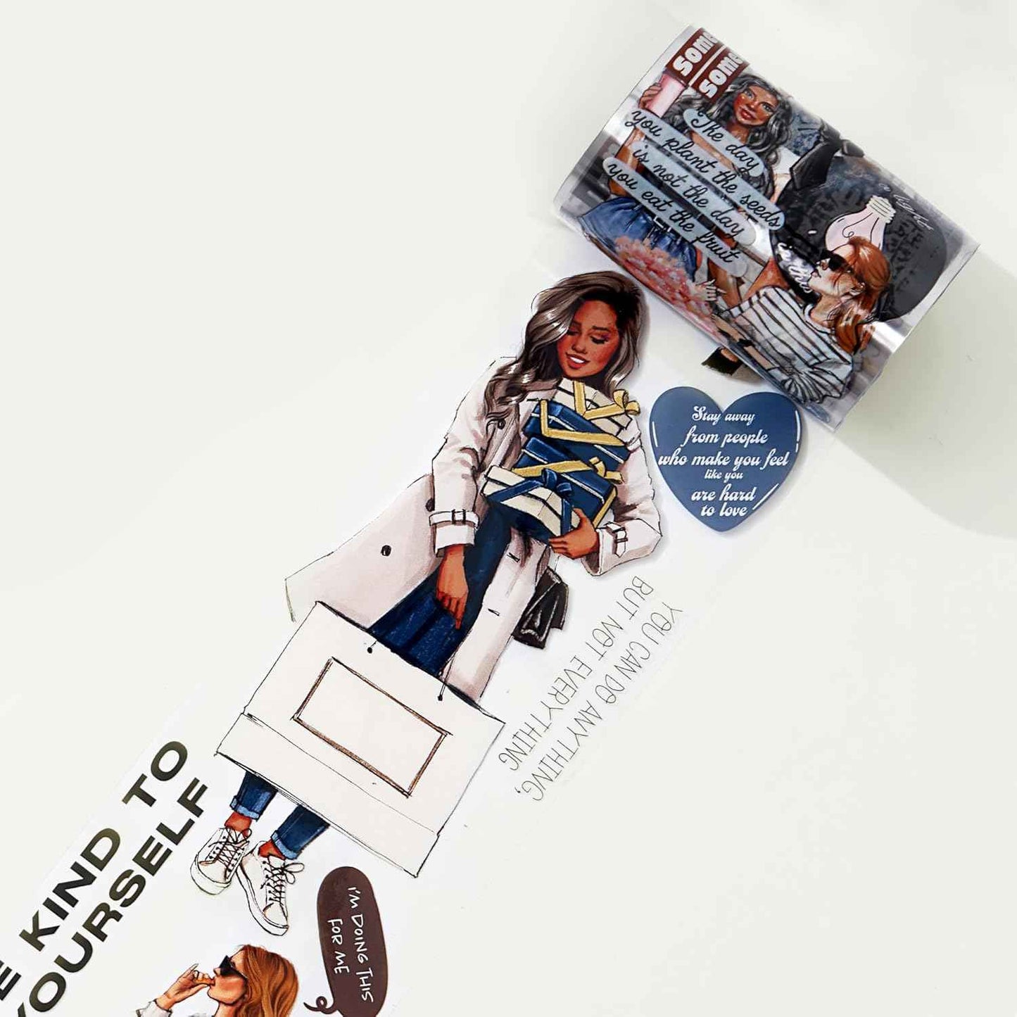 WT Wide PET Tape, Journal Scrapbook Bujo Planner DIY Craft Supplies, Chic Attitude, Fashion Outfit Girls Decorative Tape, Characters, Transparent Clear Adhesive, Single Roll, Original Designs