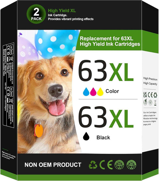 63XL Ink Cartridges Black and Color Replacement for HP Ink 63 for HP 63XL Ink Cartridge Combo Pack Work for HP OfficeJet 3830 4650 5255 5258 5200; Envy 4520 4512 4510; DeskJet 1112 2130 3630 (2 Pack)