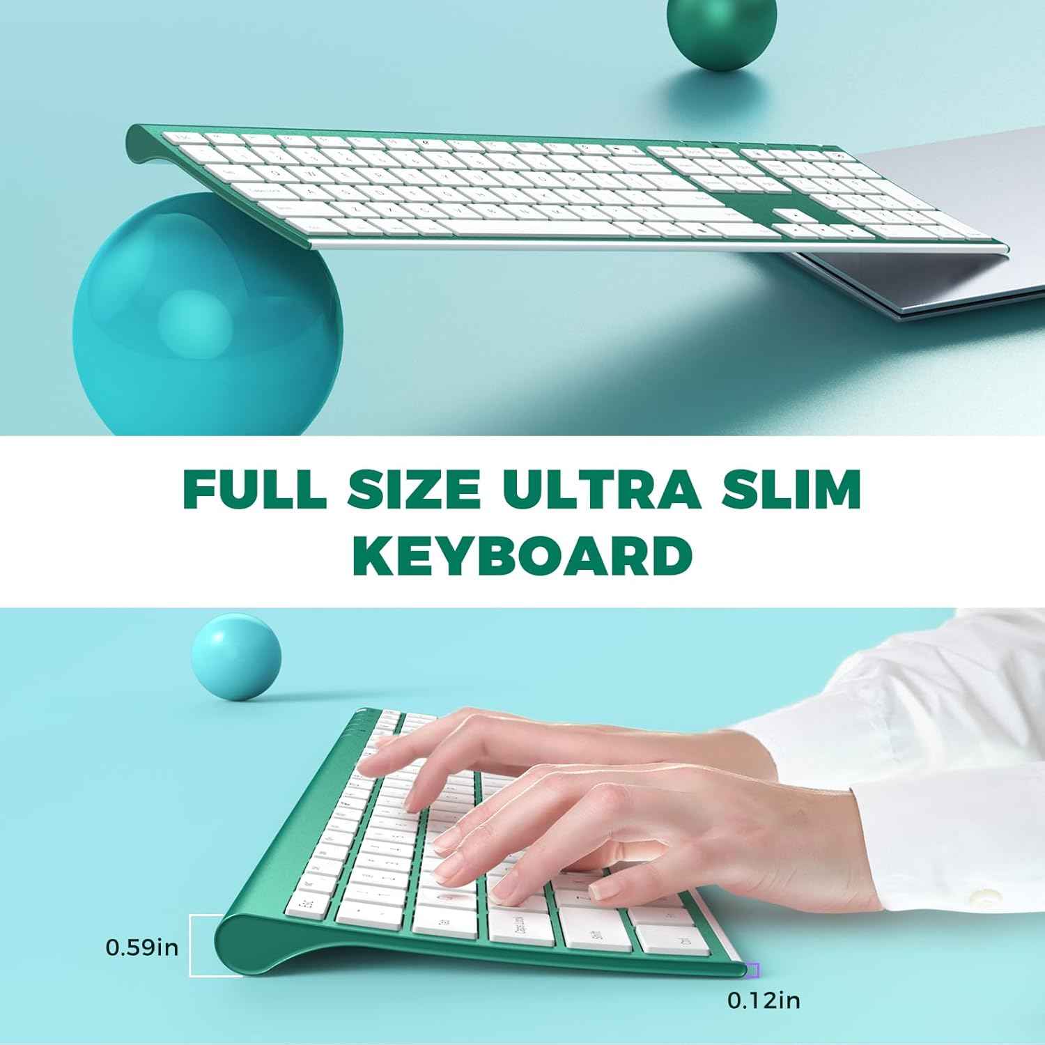 Wireless Keyboard and Mouse, Vssoplor Rechargeable Quiet Full-Size Keyboard and Mouse Combo Set Ultra Slim Design for Laptop, PC, Notebook, Desktop-Blackish Green