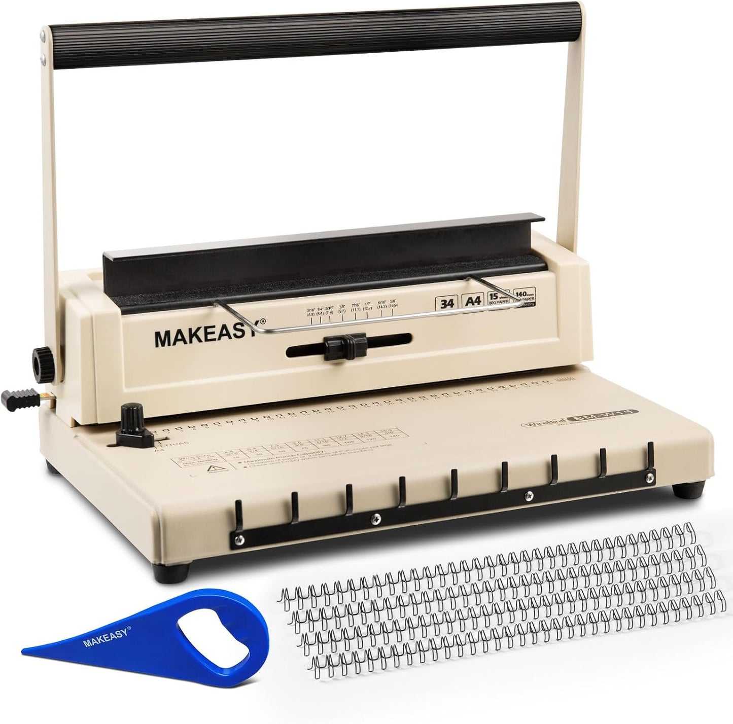 MAKEASY Binding Machine - Wire Binding Machine, 34 Hole, 15 Sheets Punch Capacity, Metal Book Maker Machine with 1 Box Wire Spines & Ring Opener