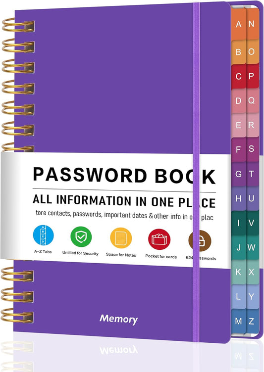 Spiral Password Book with Alphabetical Tabs – 4" X 5.5" Small Password Keeper Book with Inner Pocket for Seniors , Large Print, Hardcover, 468 Logins – Internet Password Organizer Notebook for Home & Office Use