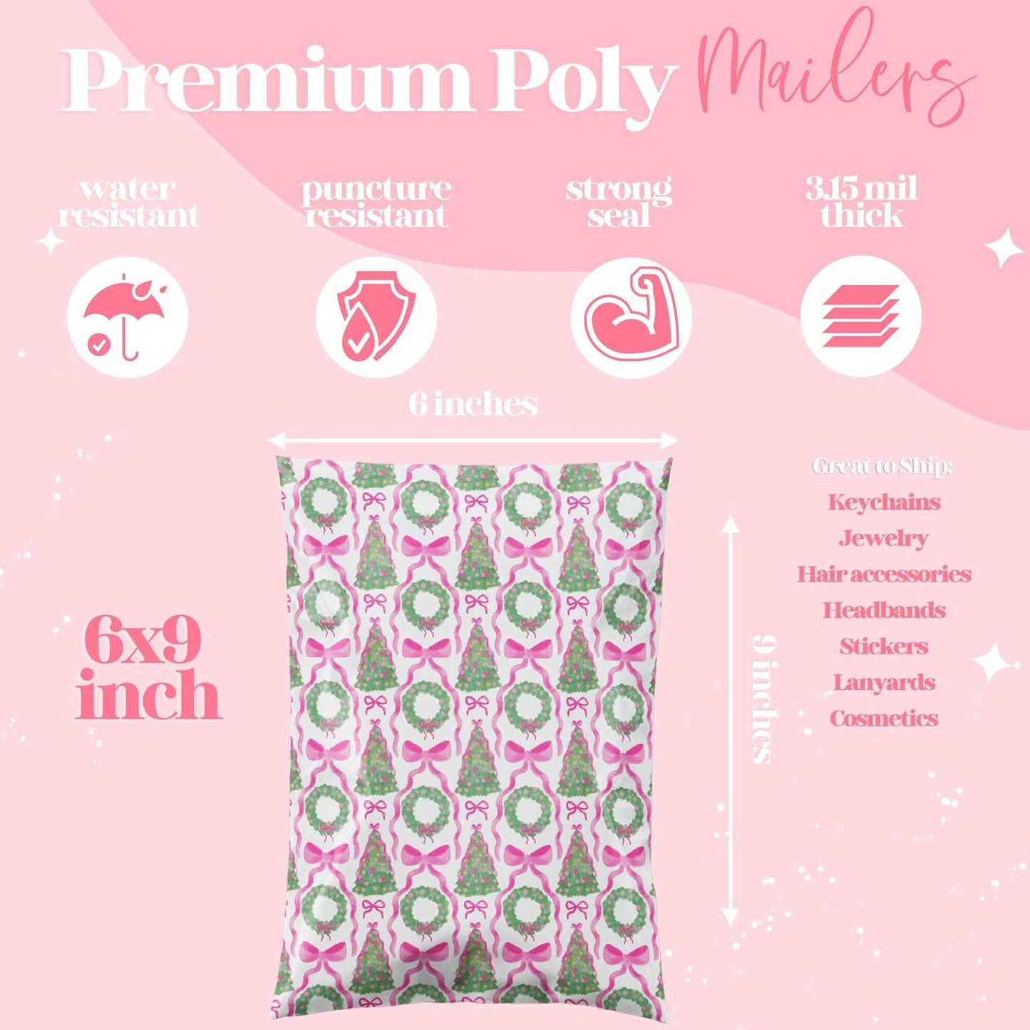 6x9 Designer Poly Mailer 100 Pack Heavy Duty Waterproof Self Seal Shipping Bags for Small Business Large Mailing Envelopes Bulk Tear Resistant Packaging Coquette Christmas Holiday Bows